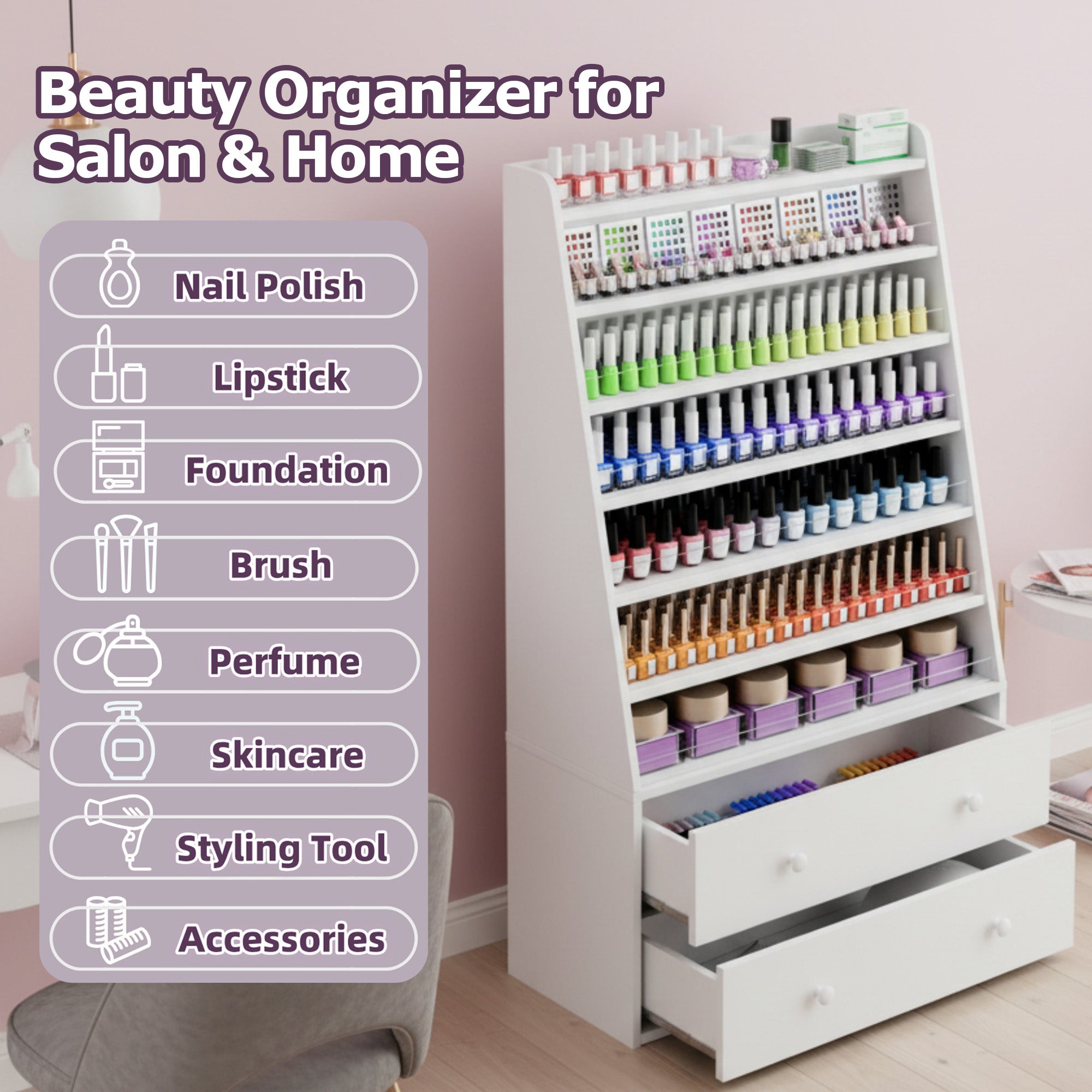 Advwin Nail Polish Rack with 2 Drawers