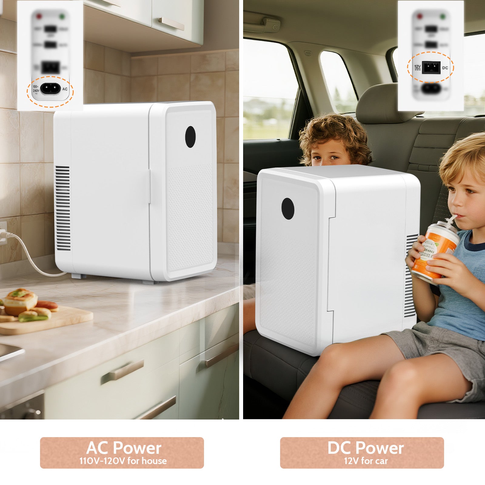 Portable refrigerator shown with AC and DC power options, used in a kitchen and car.