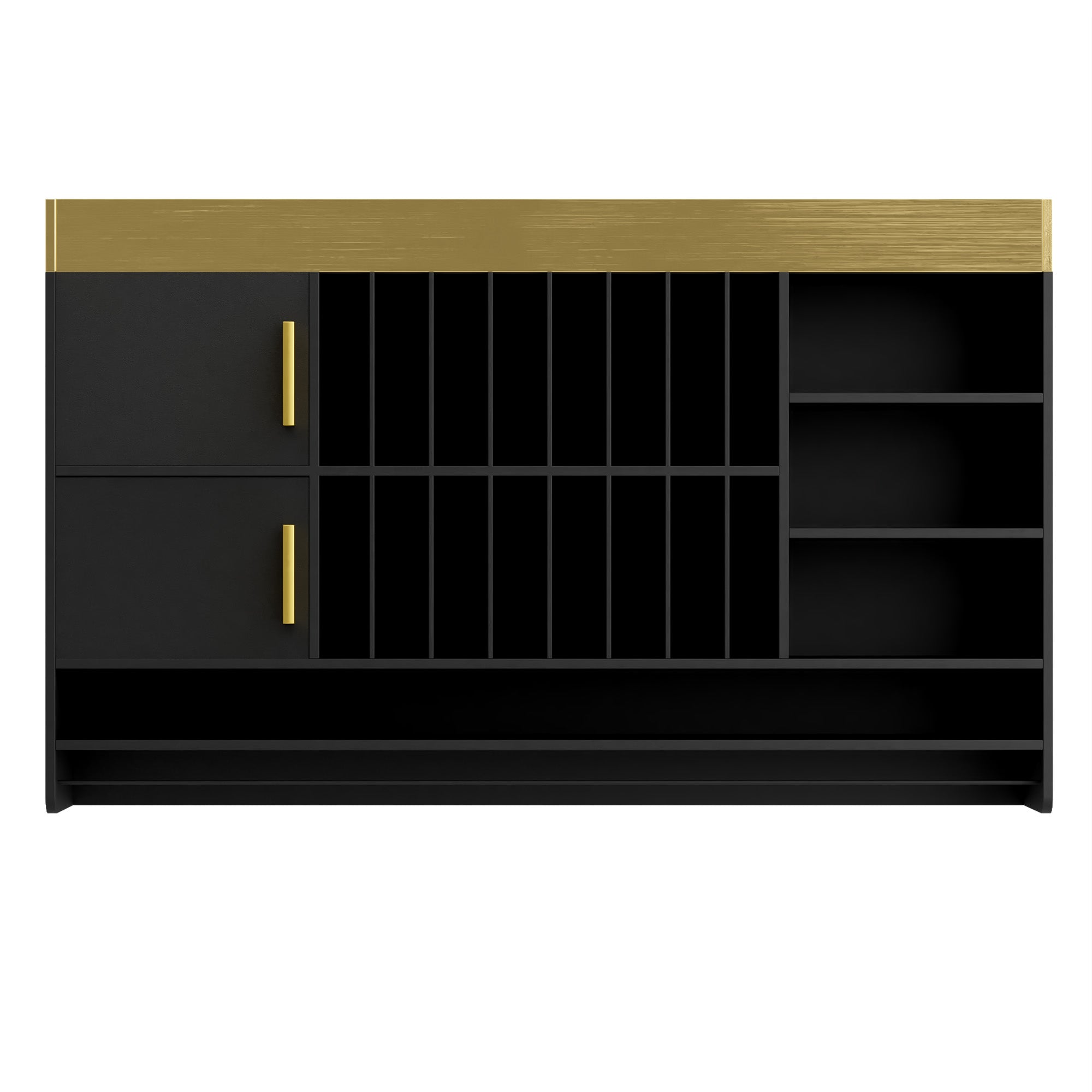 Black cabinet with gold accents on a white background