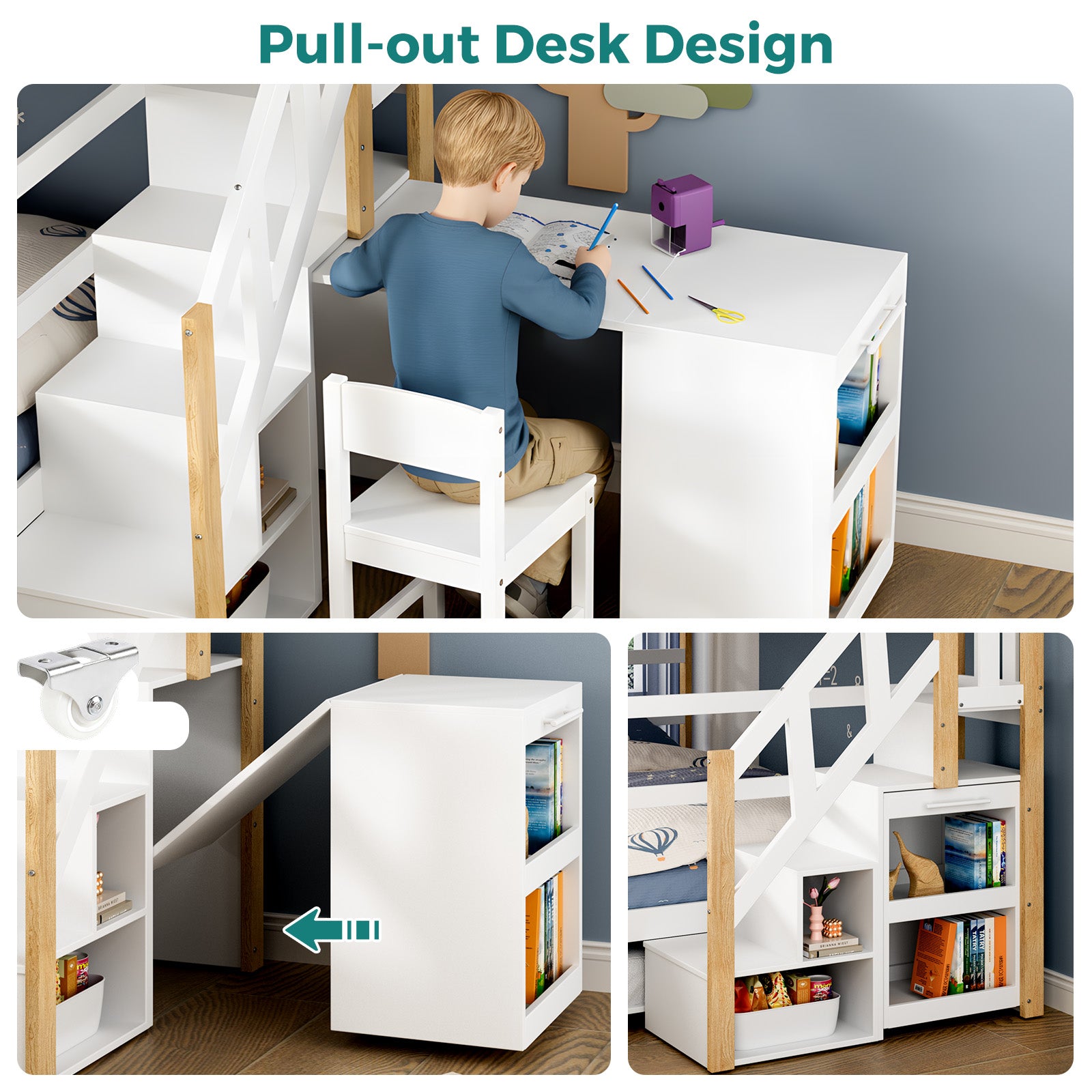 Collage of a pull-out desk design with a child using it, showing the desk's functionality and space-saving feature.