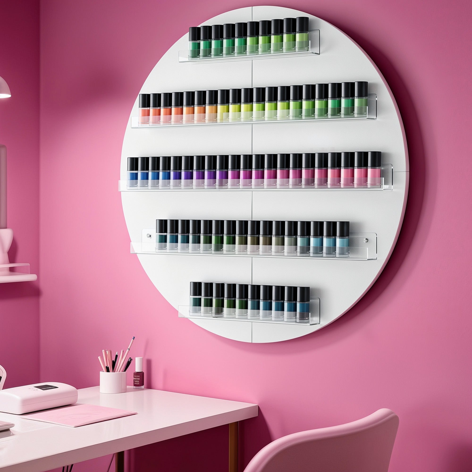 Circular wall-mounted nail polish rack with a pink wall and desk in the background