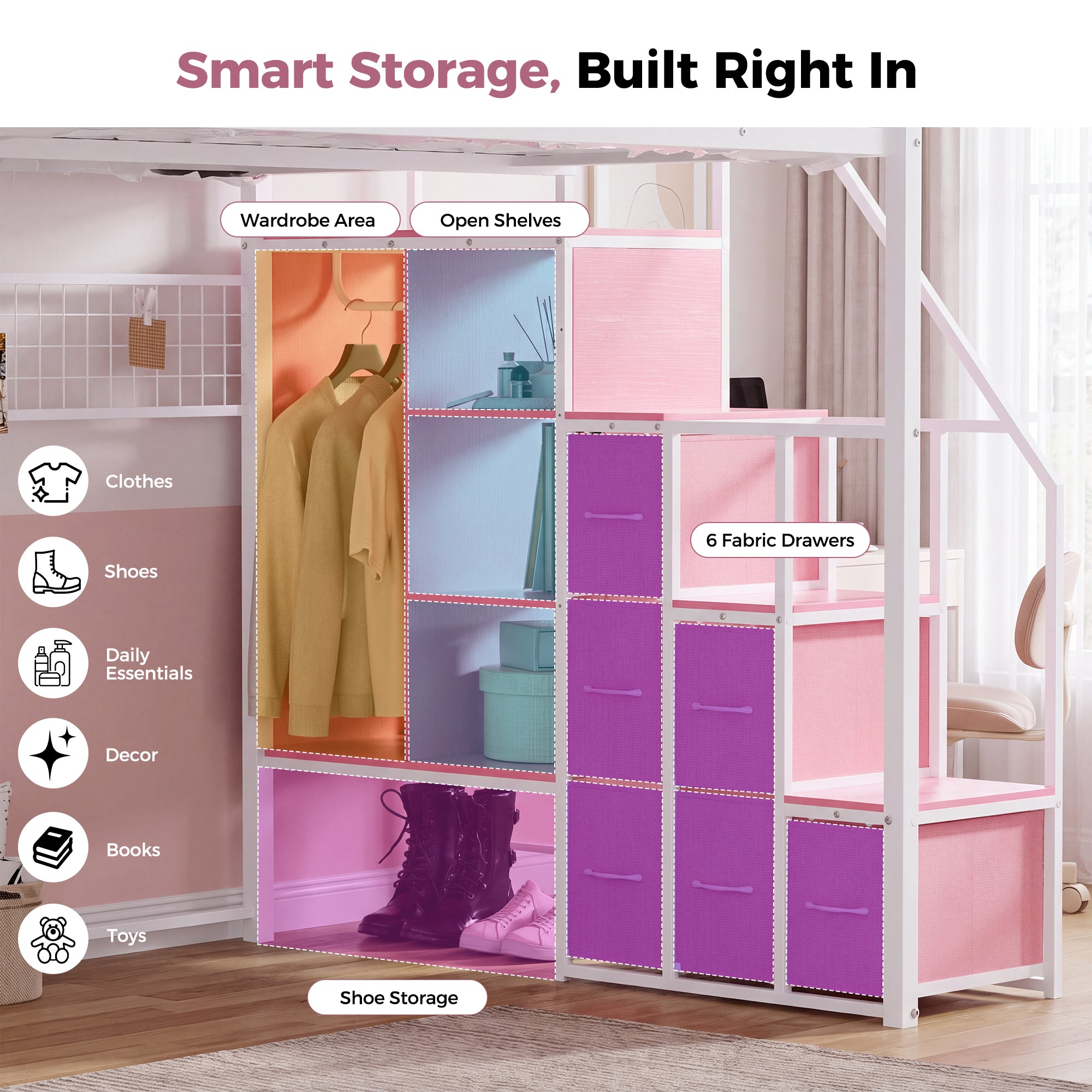 Advwin Loft Bed w/ Stairs, Storage and LED Light