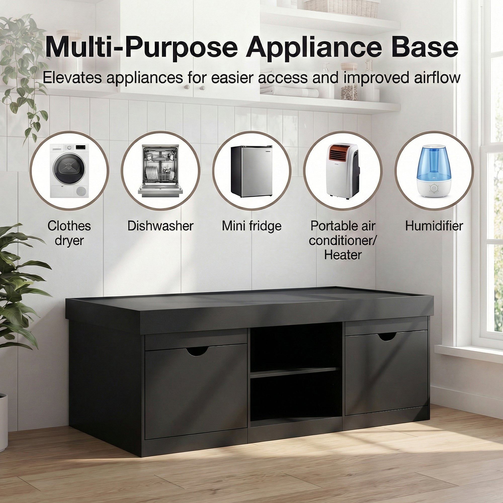 Black multi-purpose appliance base with icons and text indicating its uses in a home setting.