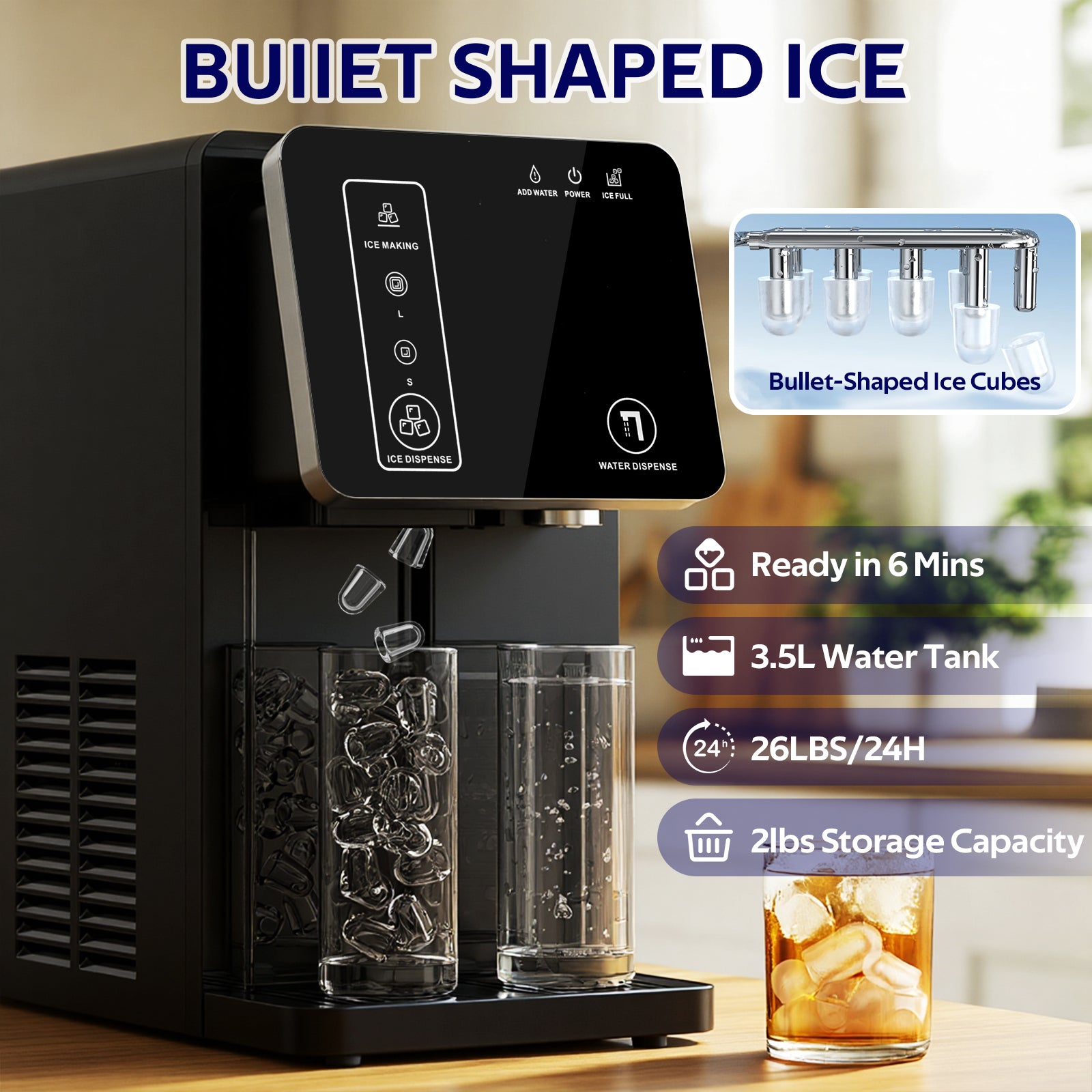 Black ice maker with bullet-shaped ice cubes and product features displayed.