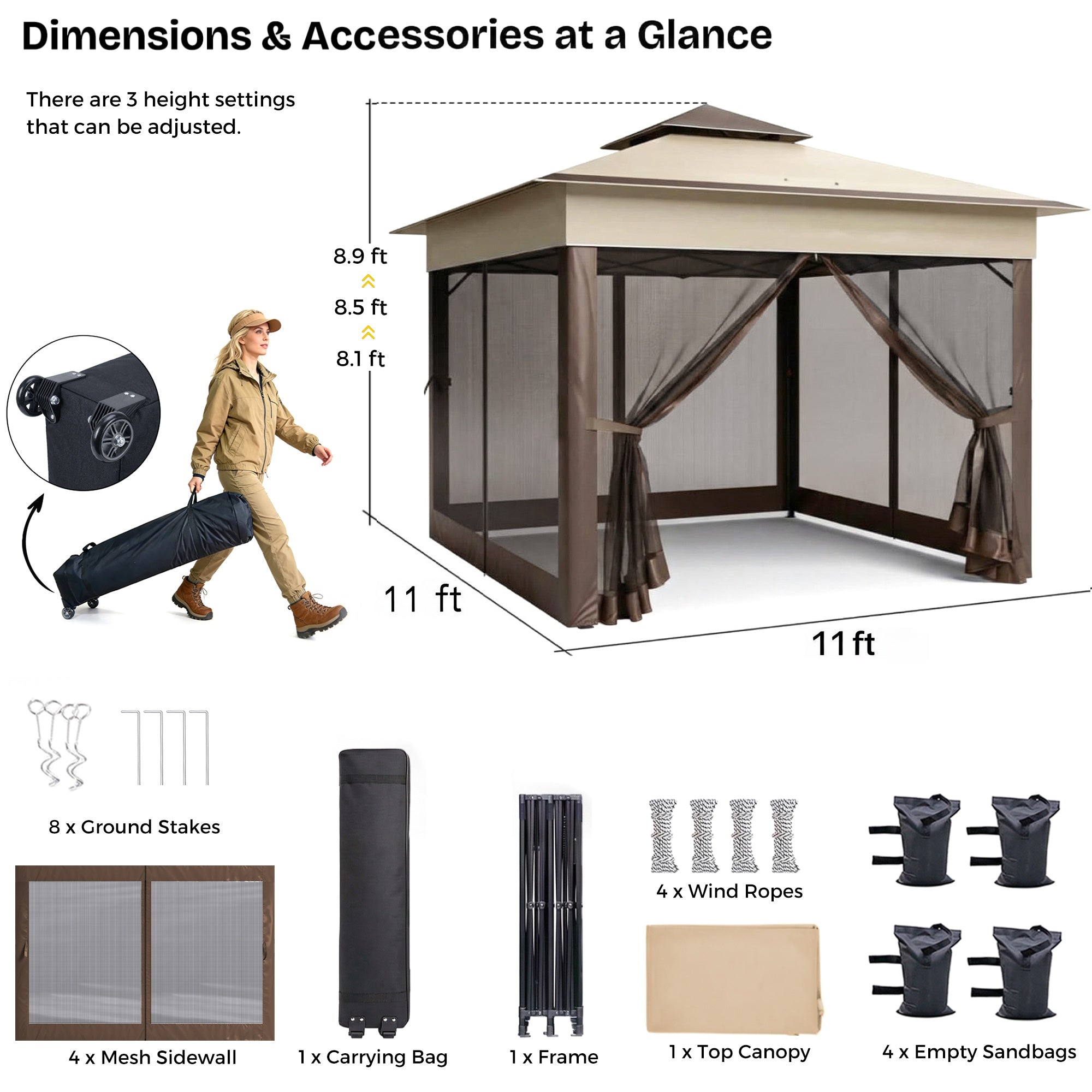 Gazebo dimensions and accessories with a person carrying a rolling suitcase.