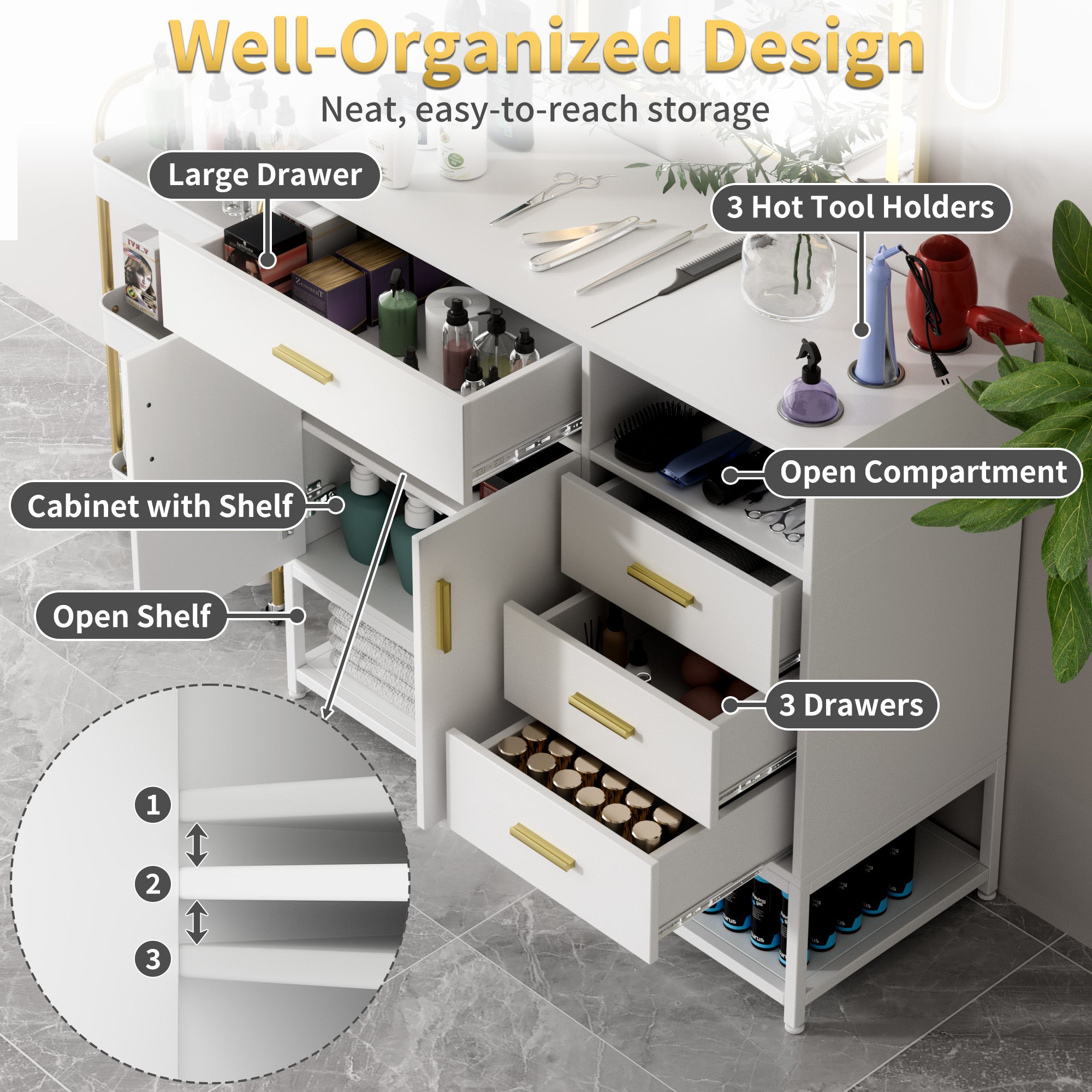 Well-organized kitchen cabinet with labeled compartments and storage options.