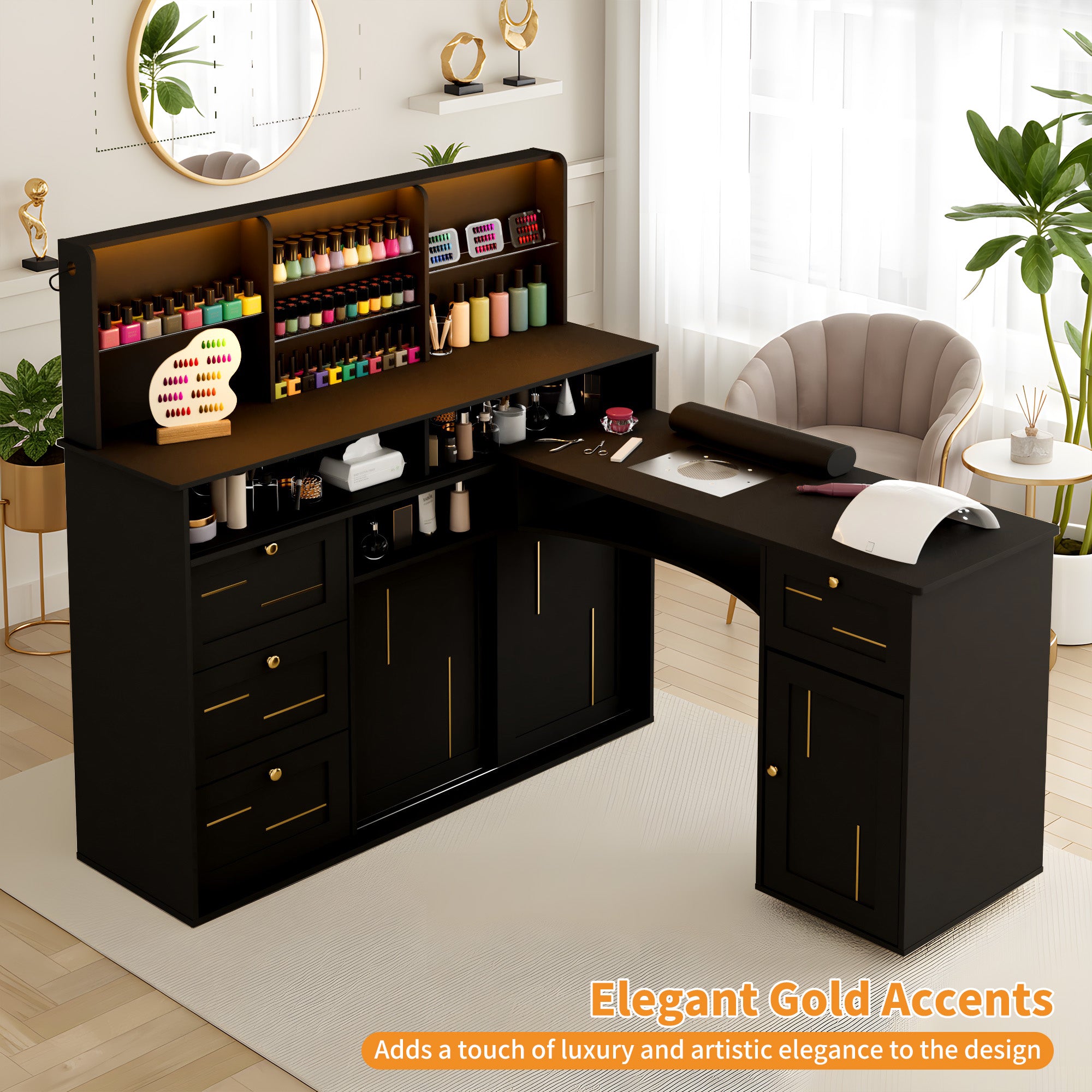 Black nail salon desk with gold accents in a room setting.