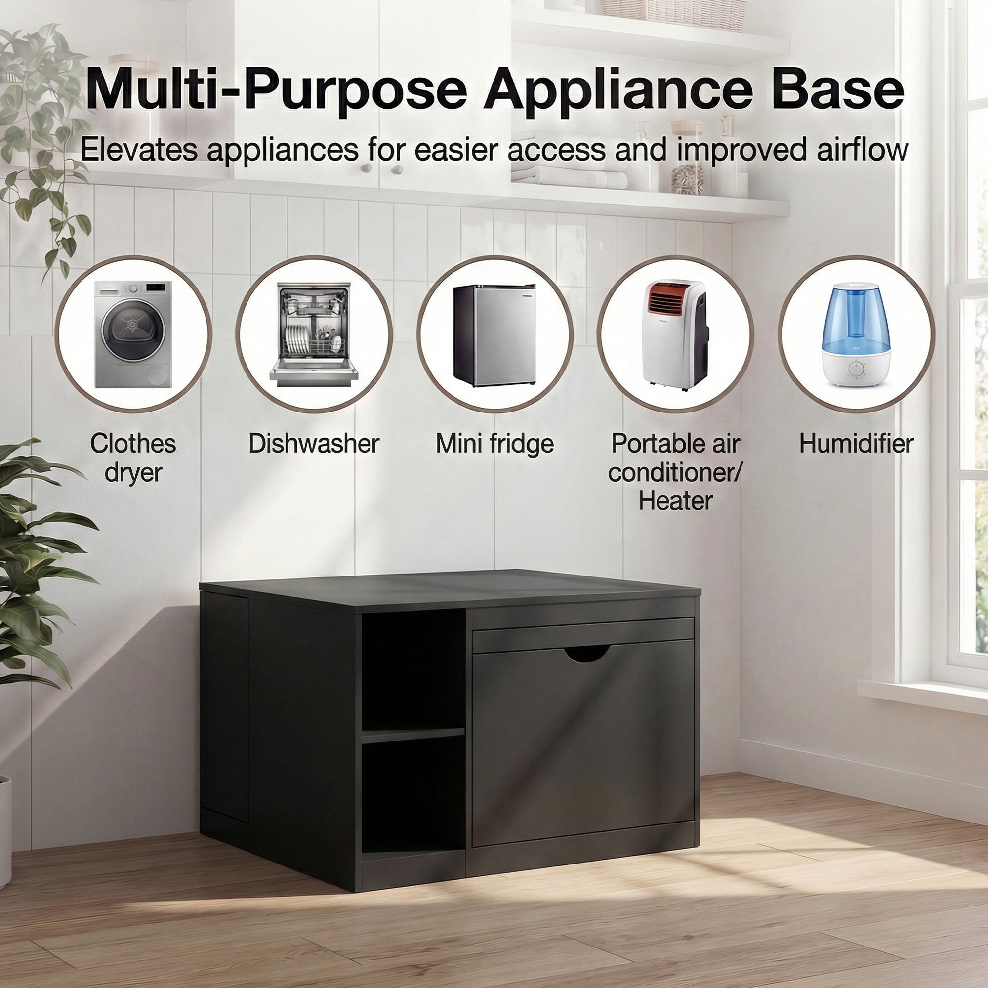 Black multi-purpose appliance base with labeled uses in a home setting