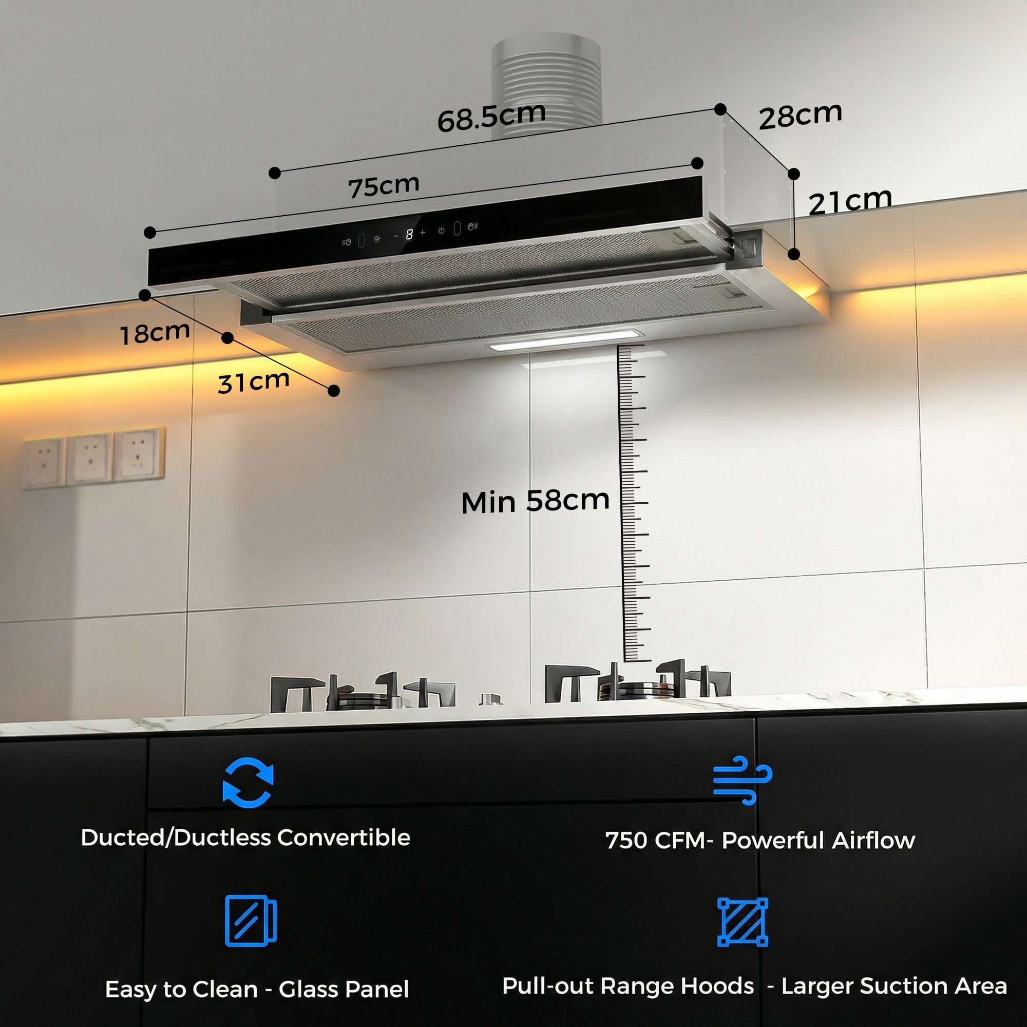 Advwin 30 Inch Range Hood w/ Hidden Pull-out Panel