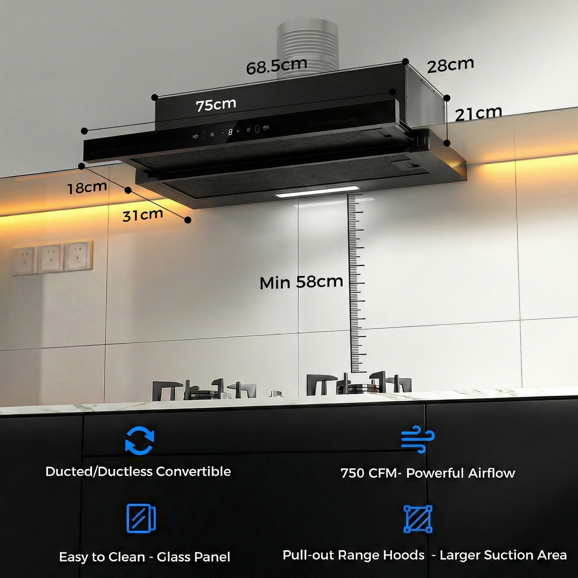 Advwin 30 Inch Range Hood w/ Hidden Pull-out Panel