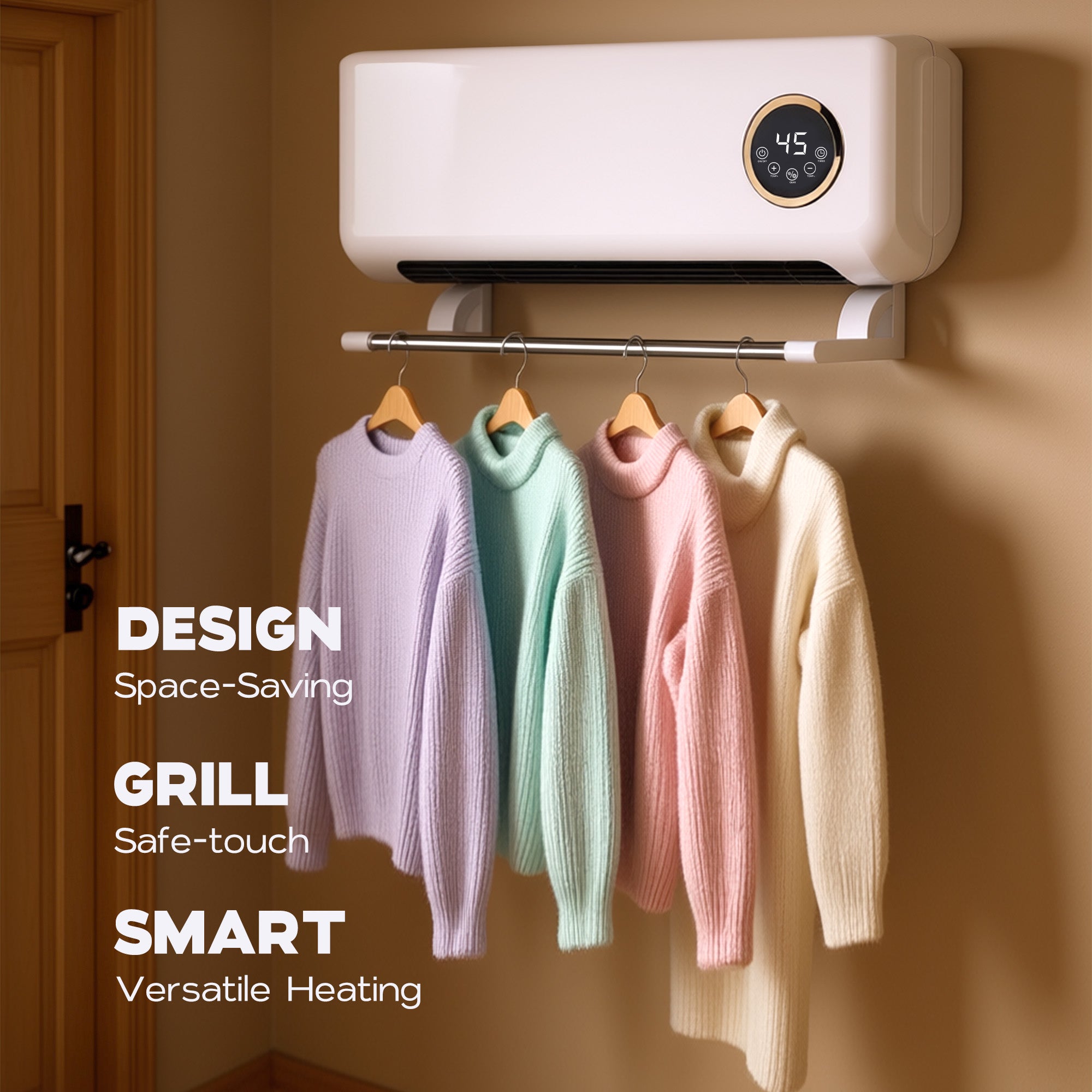 Wall-mounted clothes dryer with sweaters hanging on hooks against a beige wall.