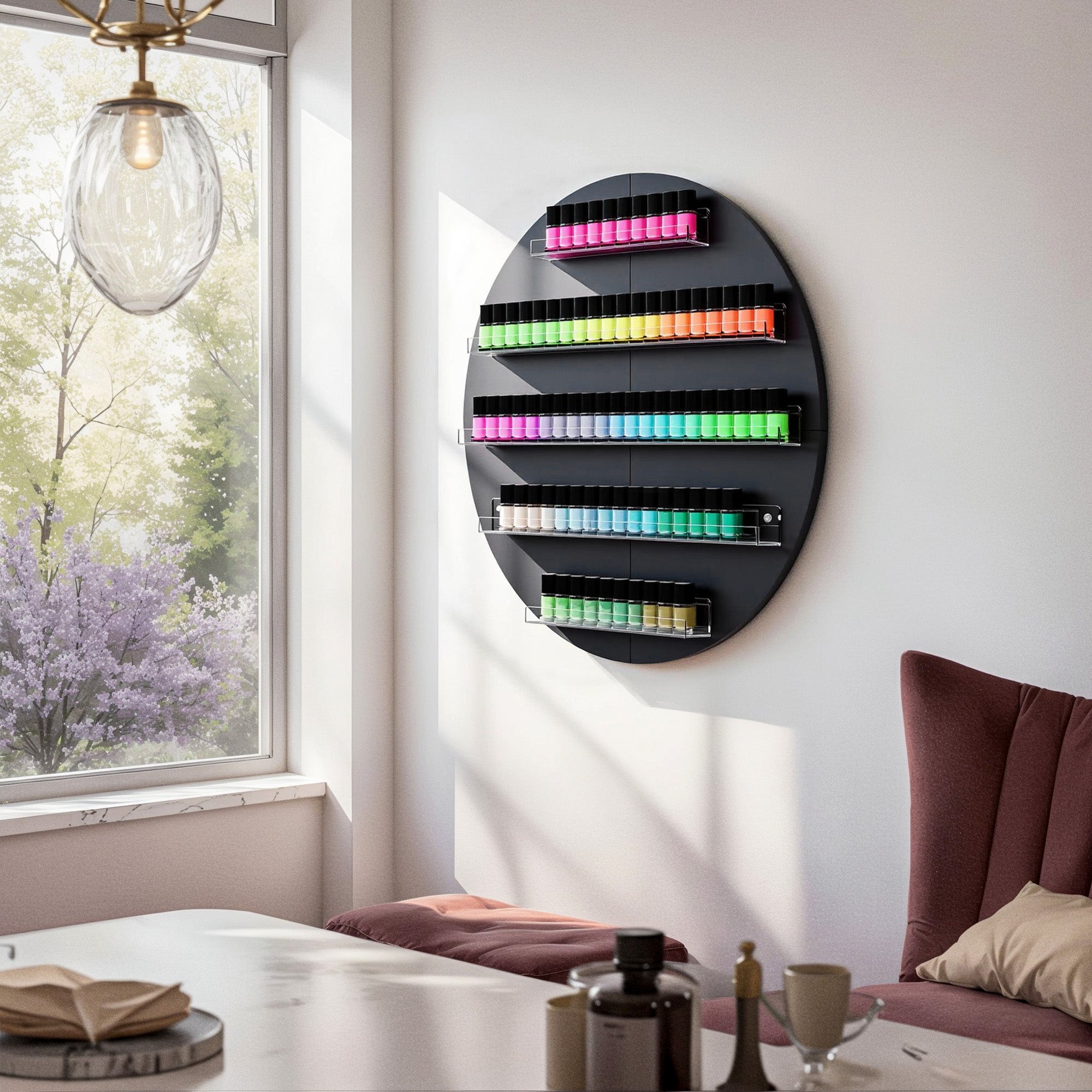 Wall-mounted circular shelf with colorful items in a bright room with a window and chair.