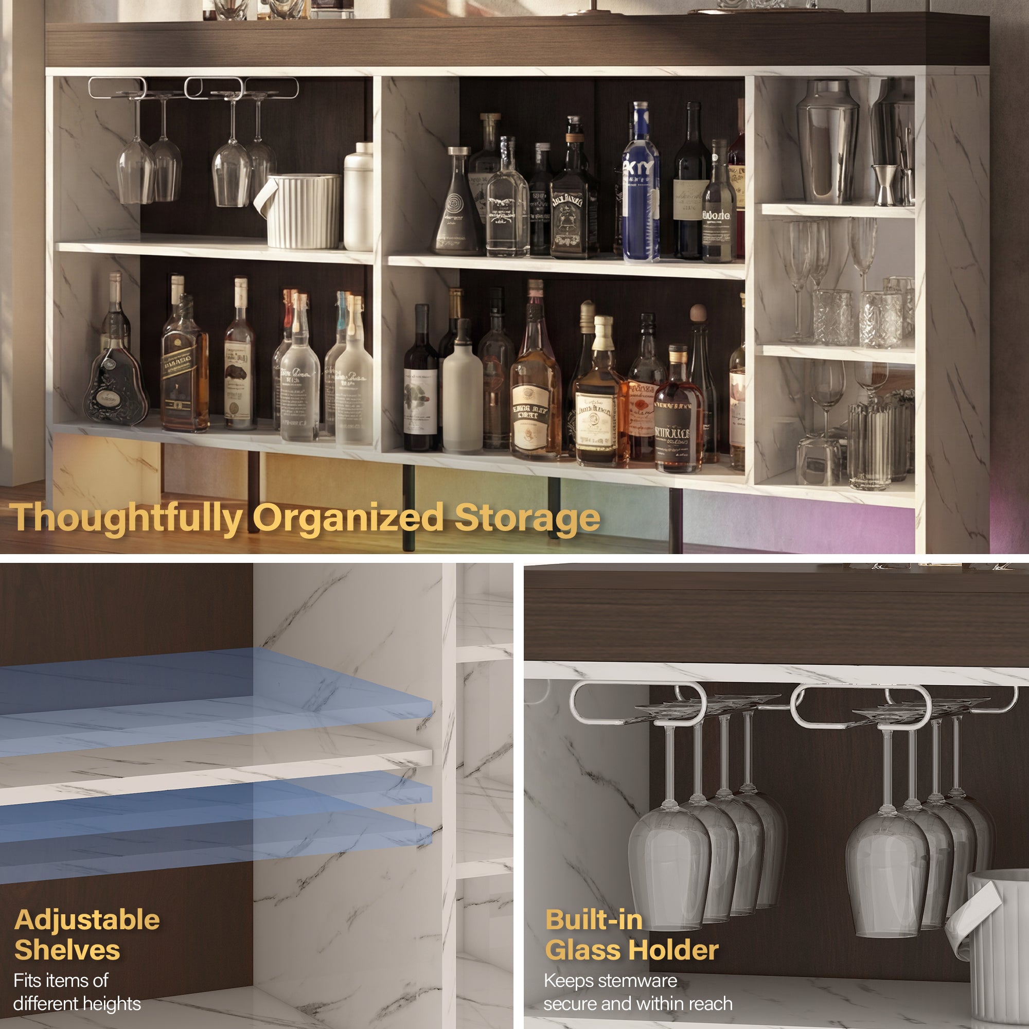 Beverage cabinet with bottles and glasses, adjustable shelves, and built-in glass holder.