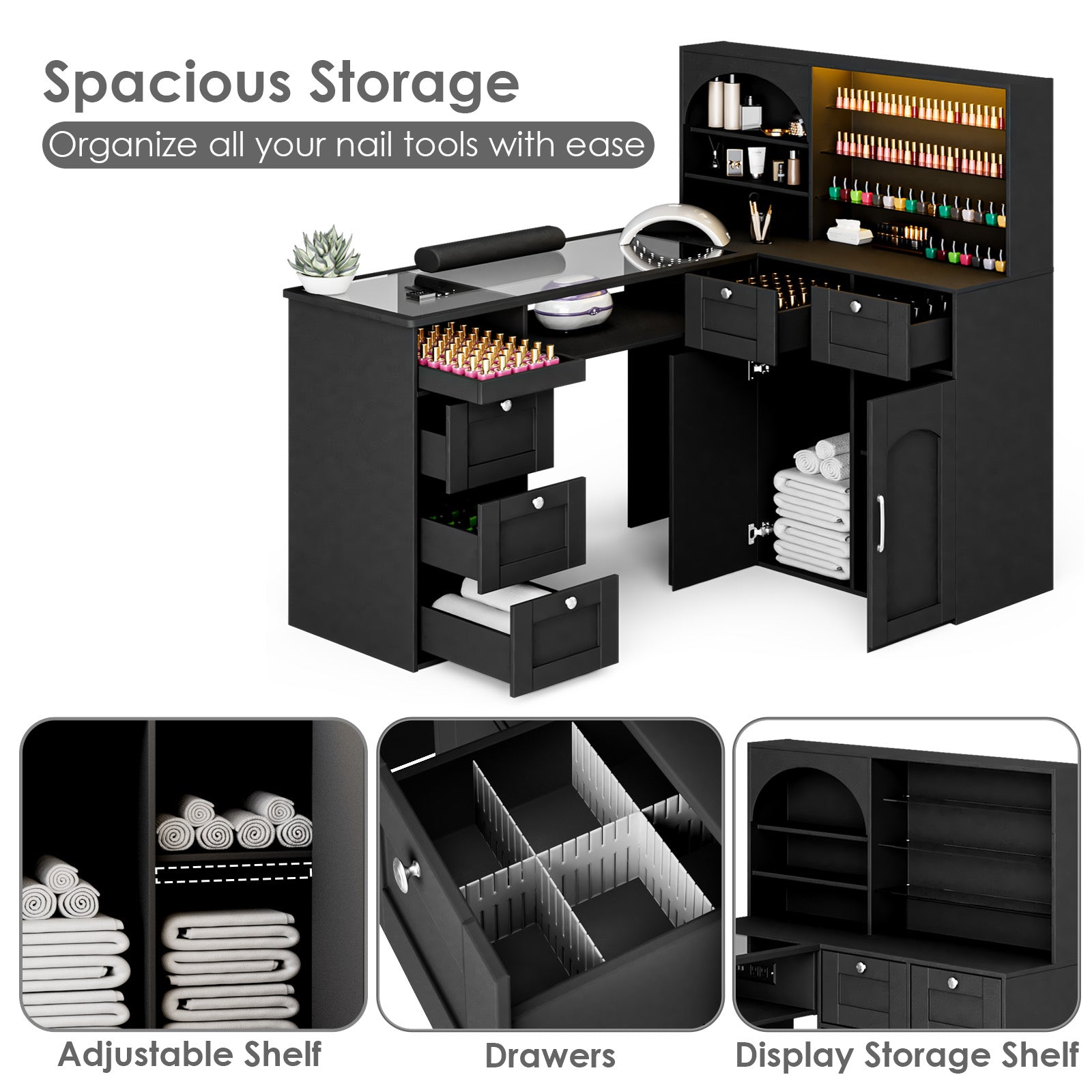 Advwin Nail Table w/LED Display Shelf Glass Table Top (Pre-Order)