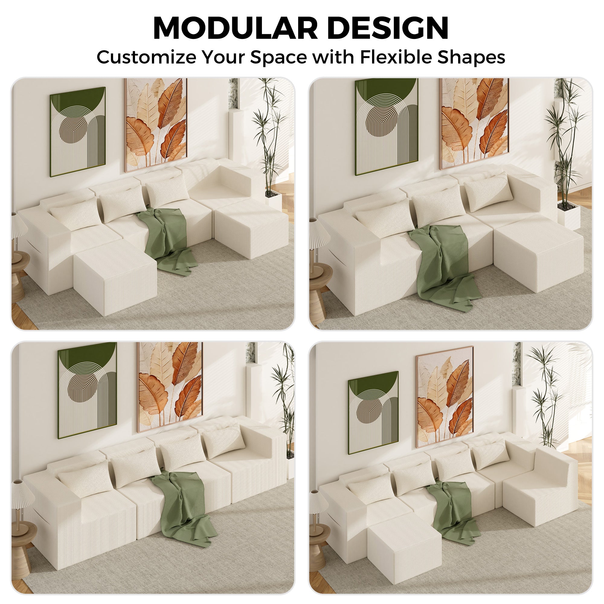 Modular white sofa system with flexible shapes in a living room setting.