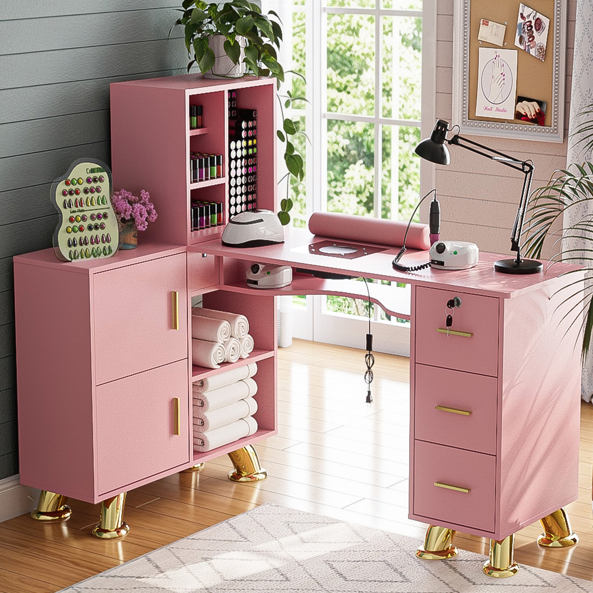 Advwin L-Shaped Manicure Table with Drawers Shelves