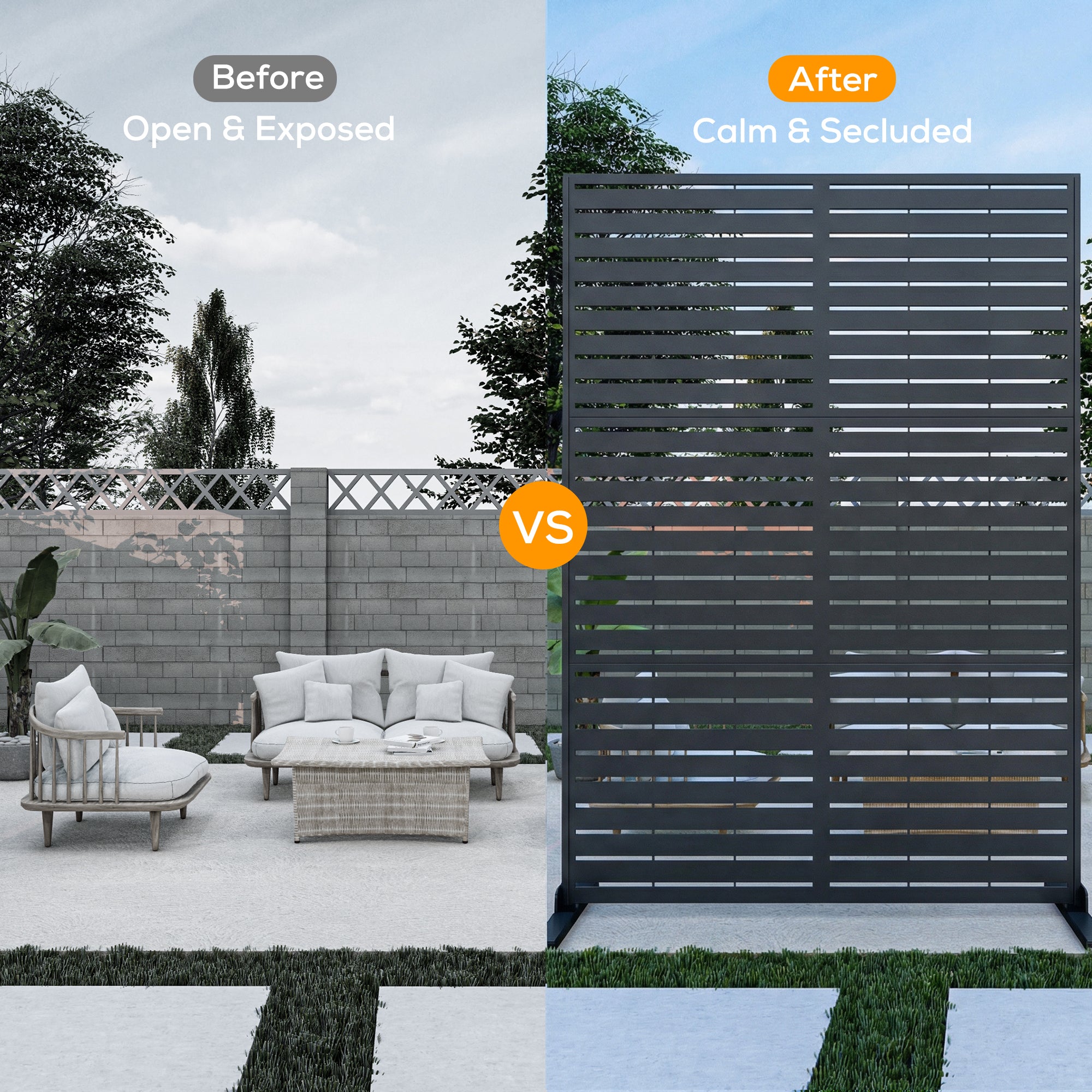 Before and after comparison of a garden setup with and without a privacy screen.