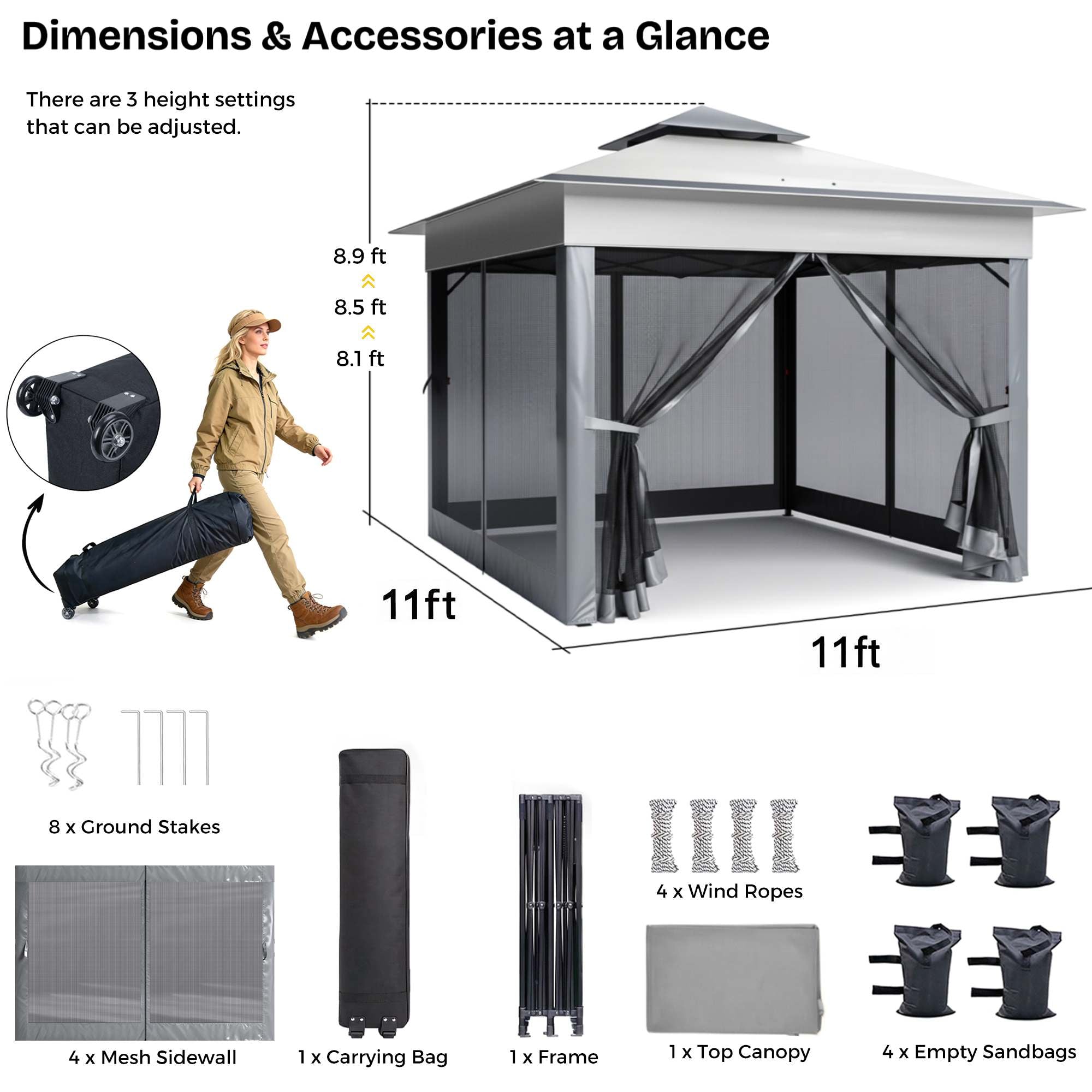 Outdoor canopy tent with dimensions and accessories displayed on a white background