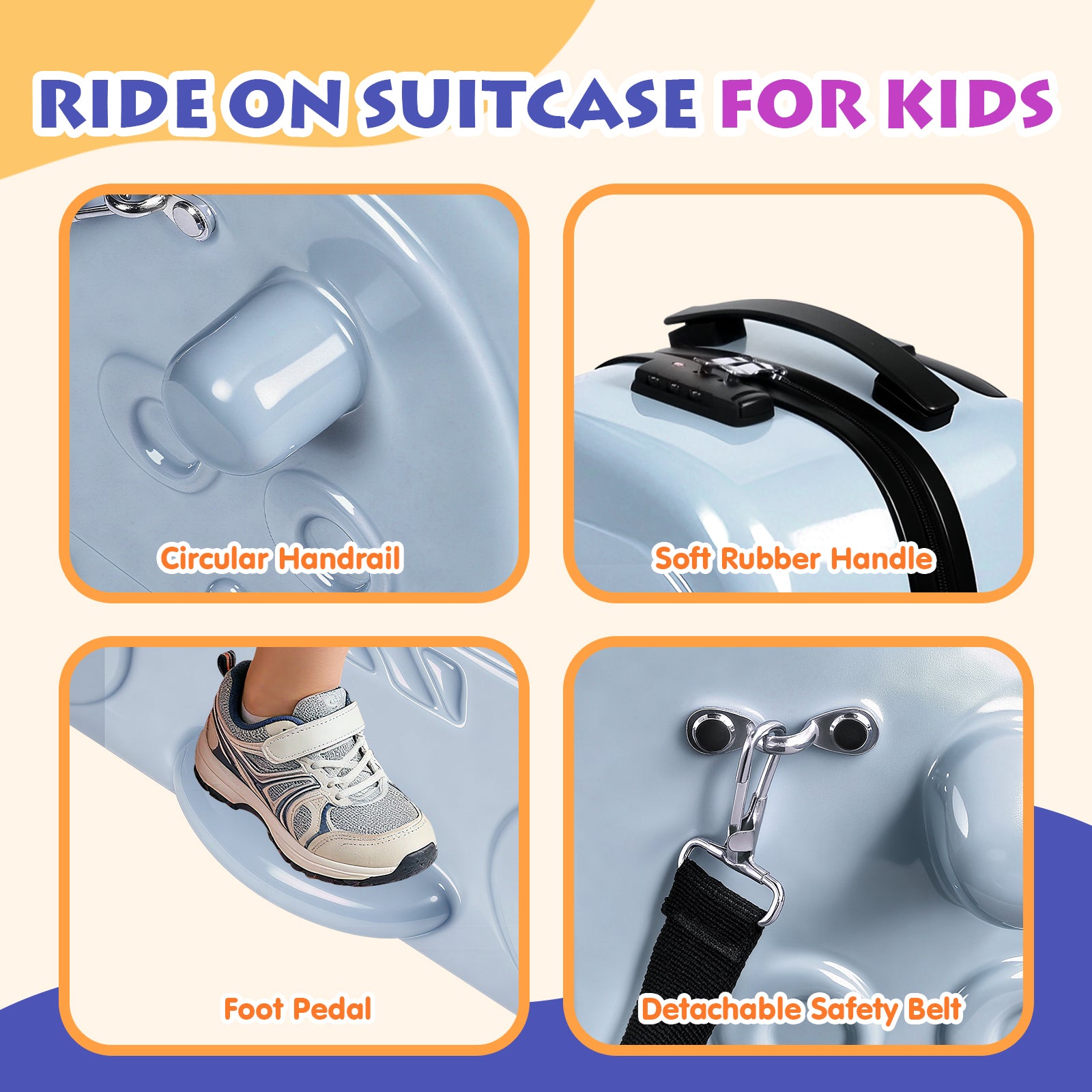 Ride-on suitcase for kids with features highlighted on a colorful background