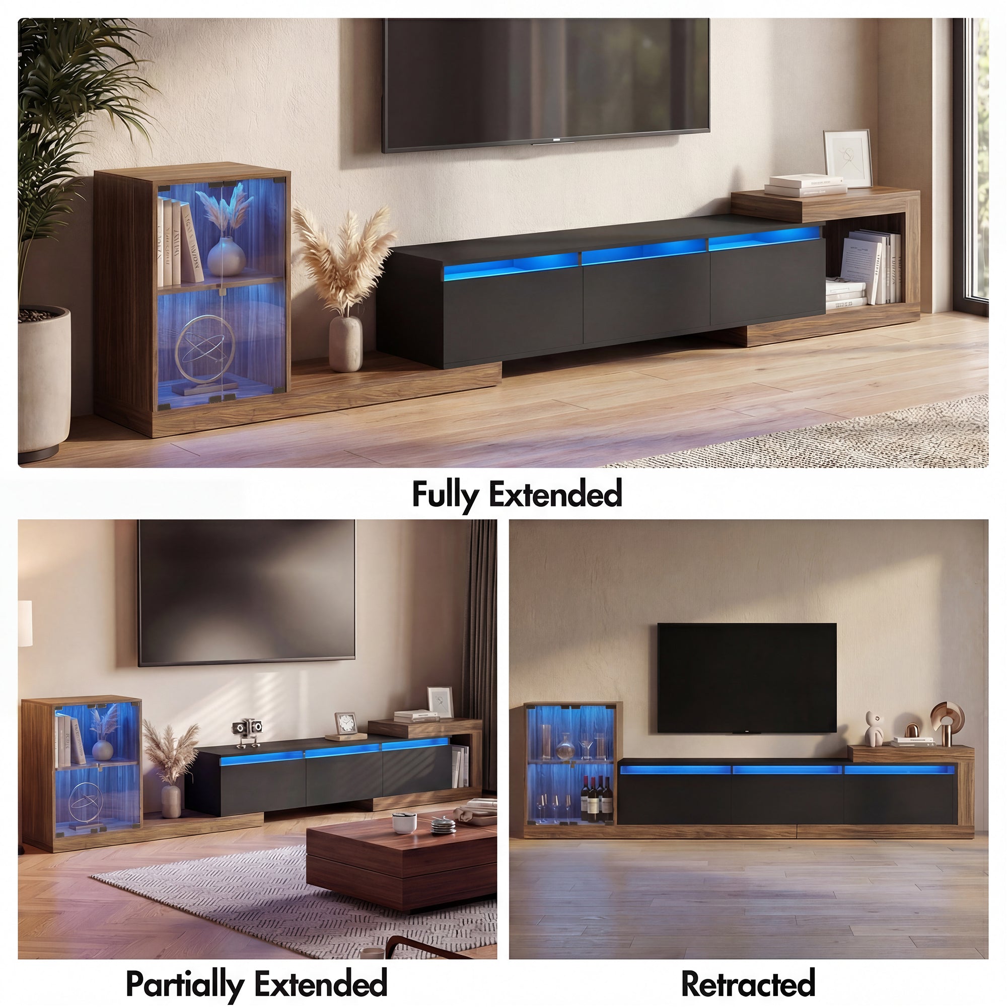 TV stand with LED lighting in a living room setting, showing extended, partially extended, and retracted states.