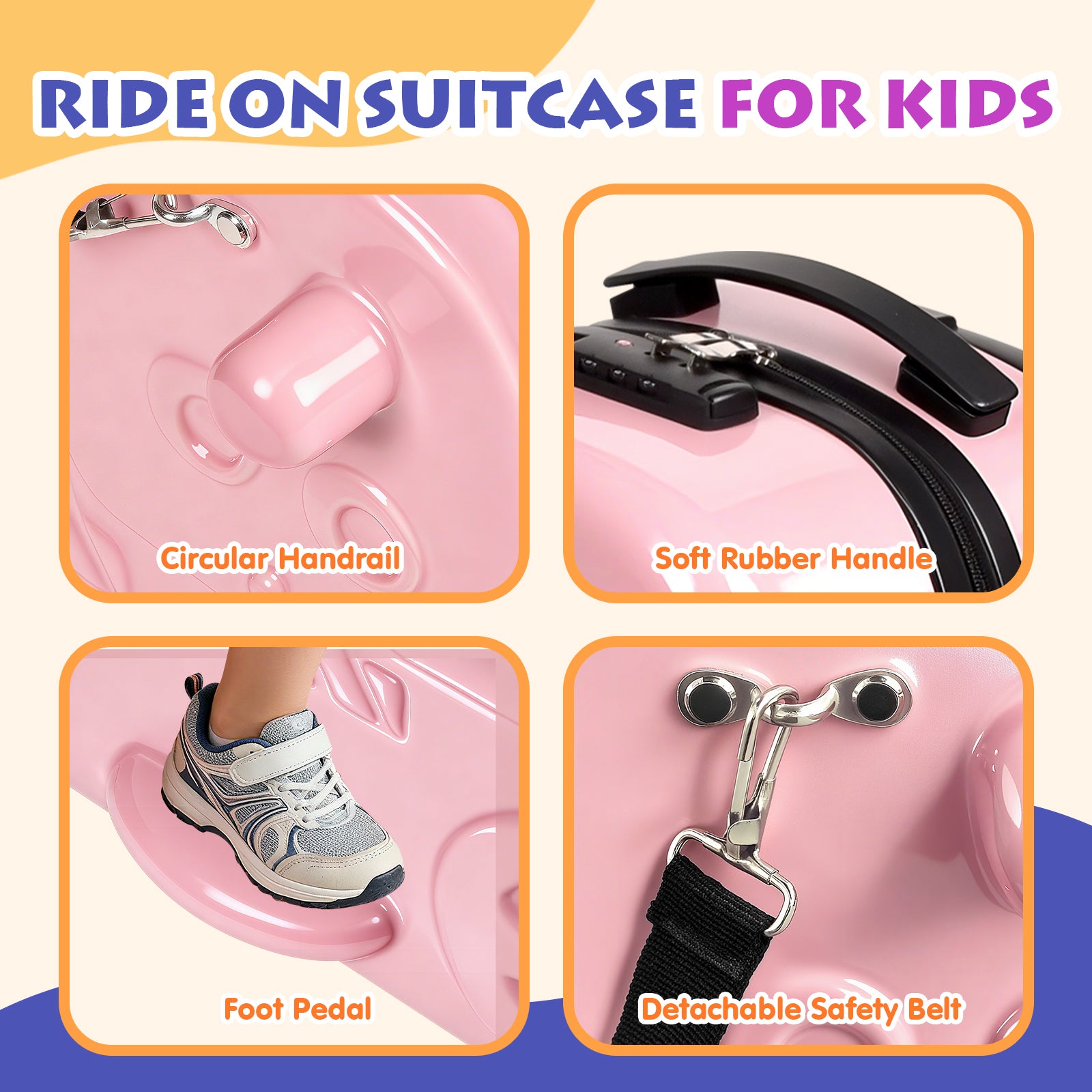 Pink ride-on suitcase for kids with features highlighted on a colorful background