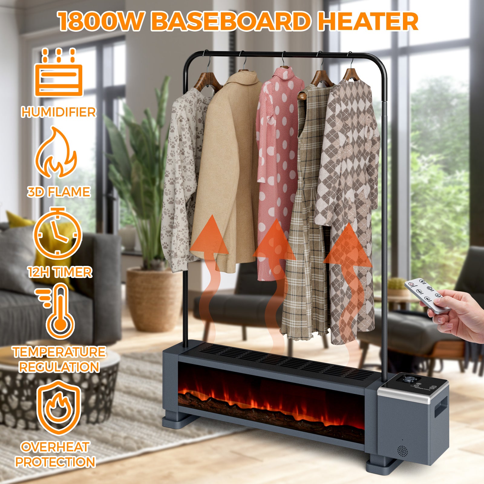 Baseboard heater with clothes rack in a room setting, showing features like humidifier and 3D flame.