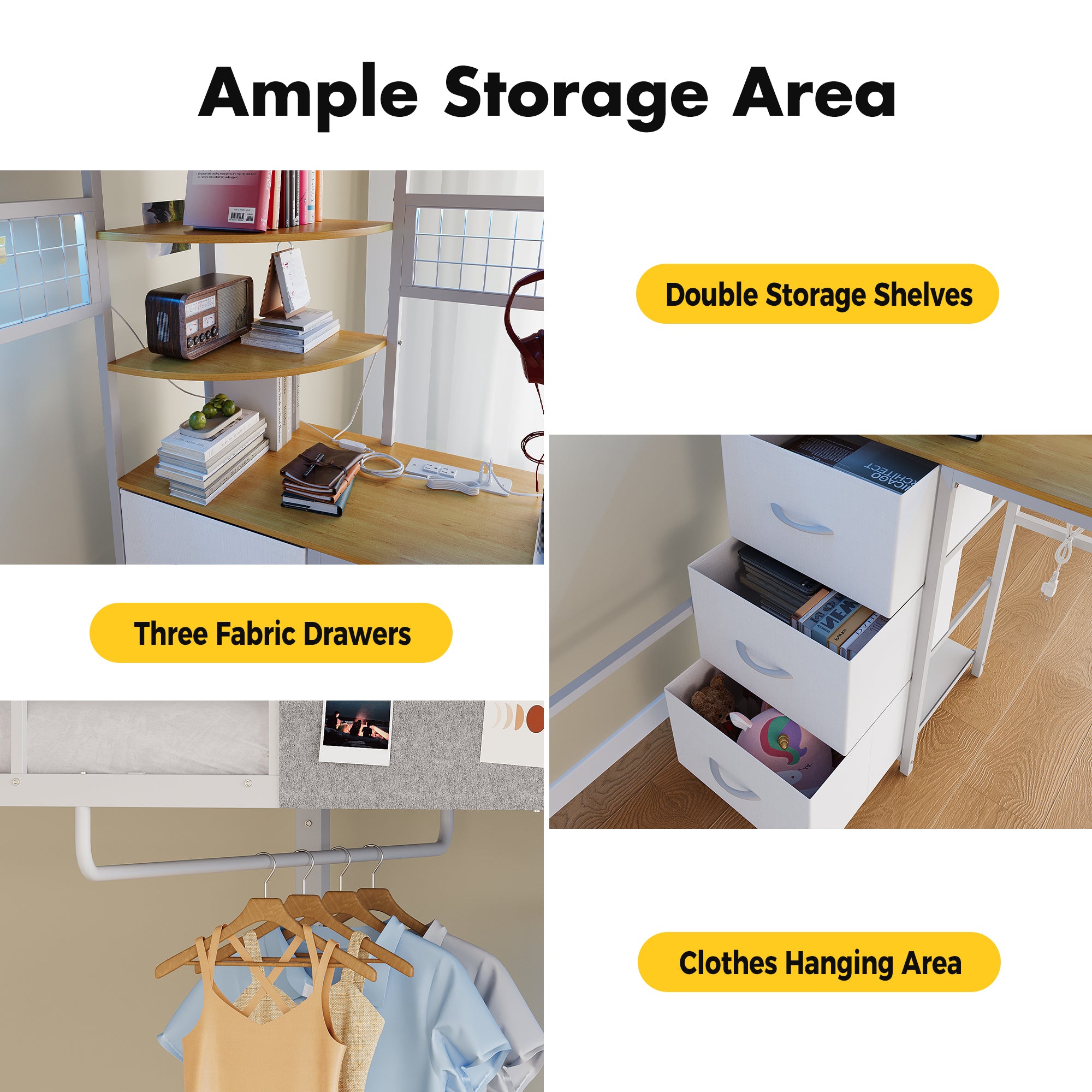 Storage area with double shelves, fabric drawers, and clothes hanging area.