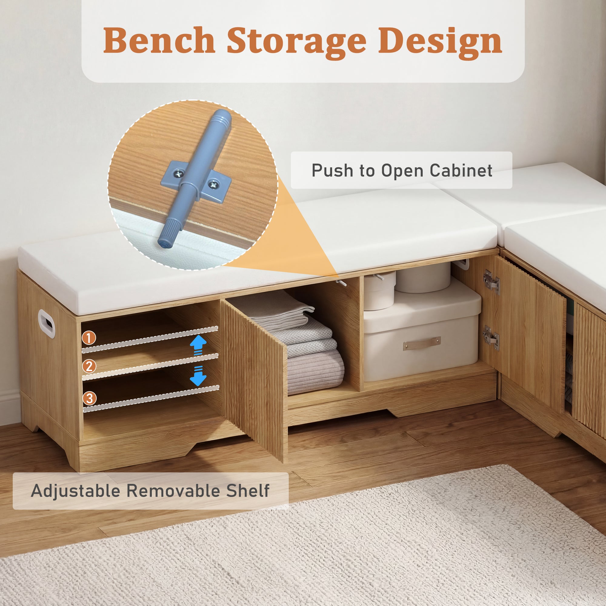 Wooden bench with storage compartments and cushions, featuring push-to-open cabinet and adjustable shelf.