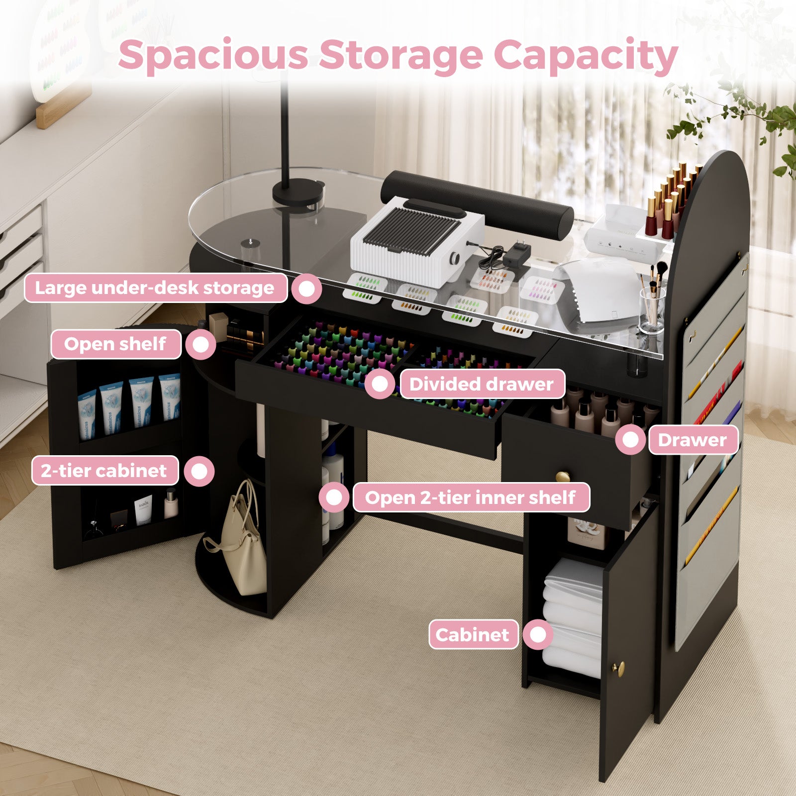 Advwin Nail Table with Tempered Glass Top