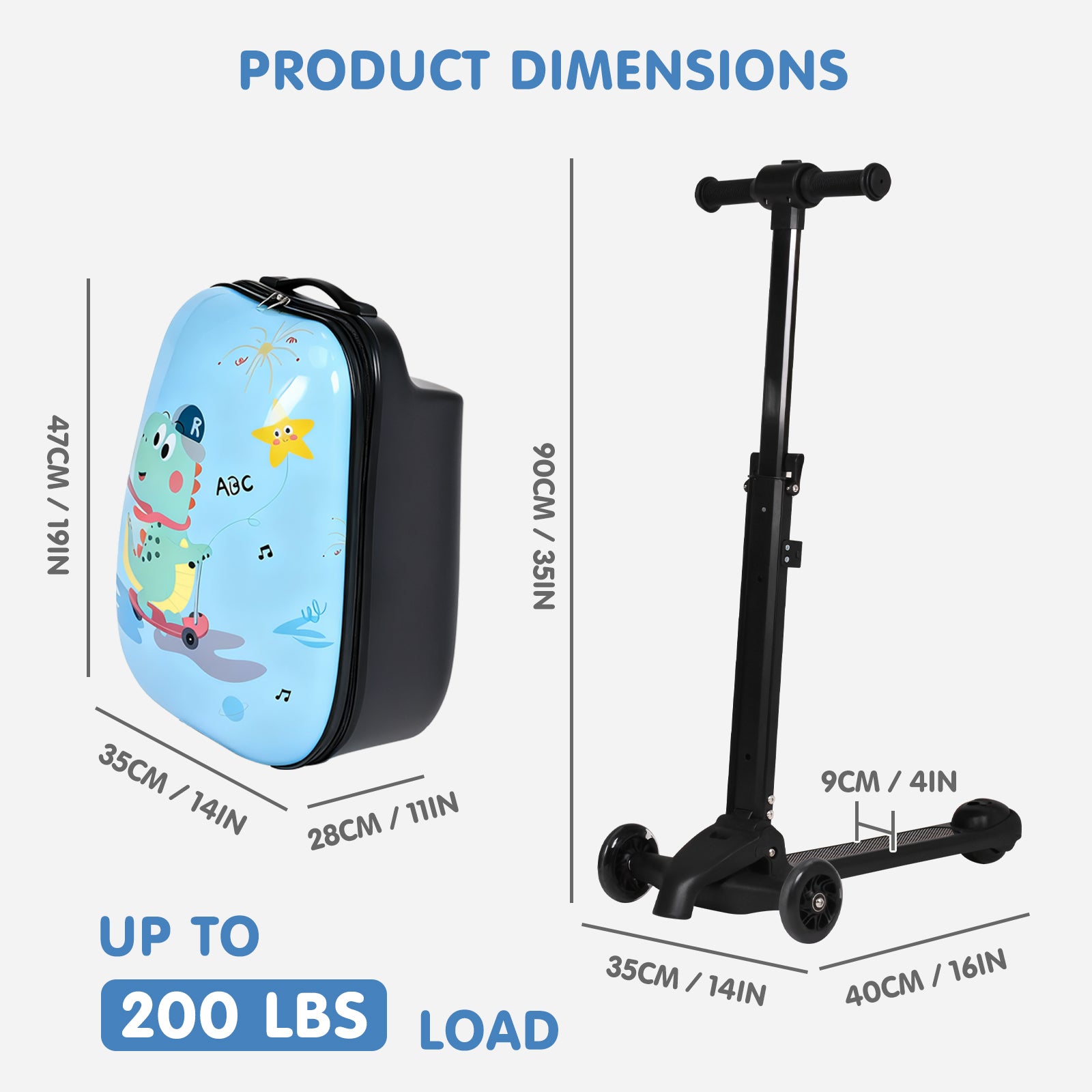 Dimensions of a scooter and its carrying case with product specifications.