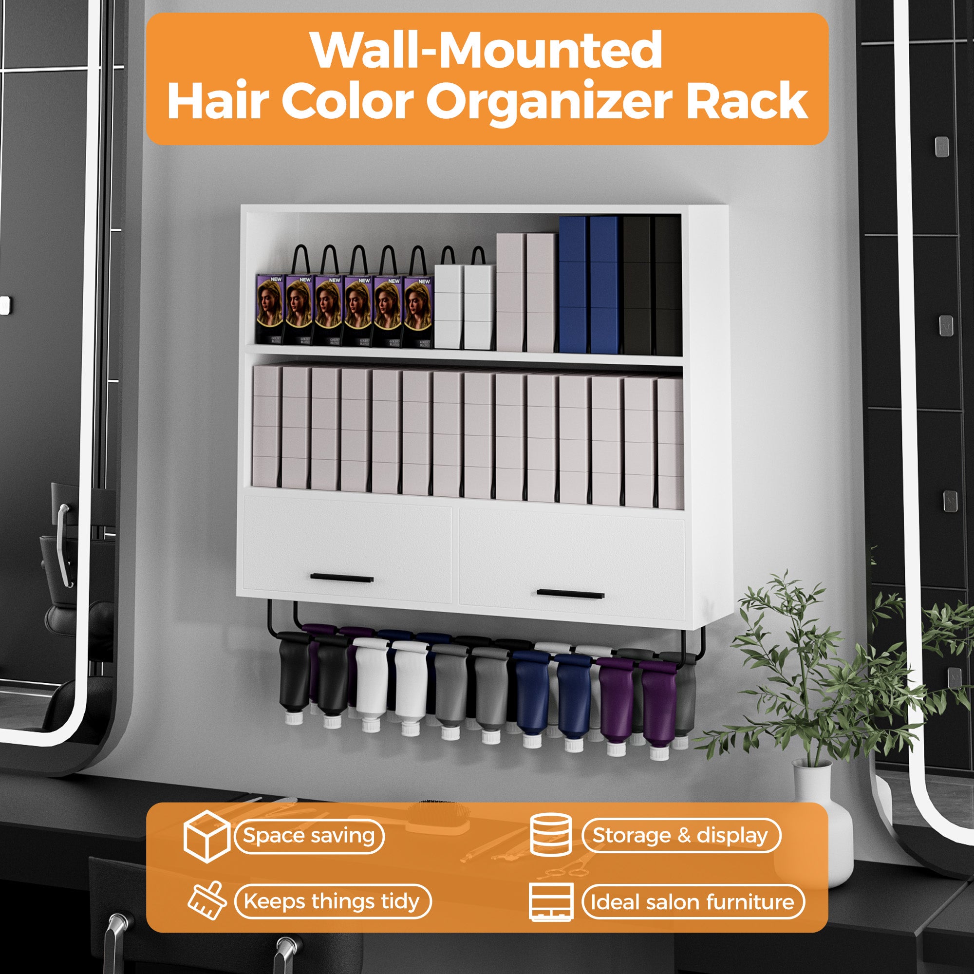Wall-mounted hair color organizer rack with shelves and bottles in a salon setting.