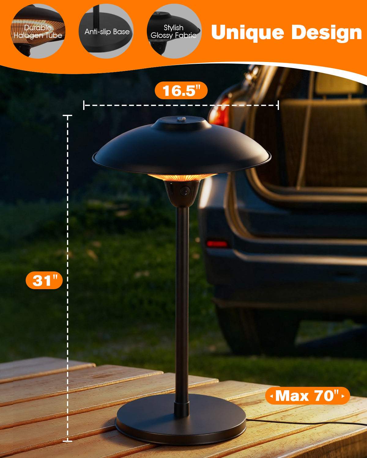 Outdoor table lamp with dimensions and features on a wooden surface