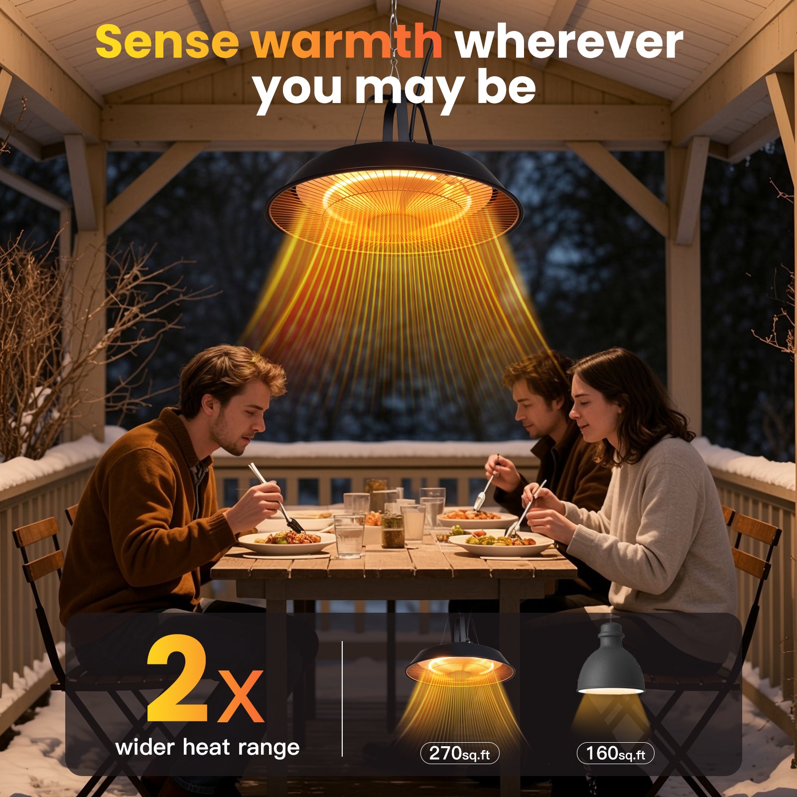 People dining outdoors at night with a heated lamp above them, text 'Sense warmth wherever you may be'.