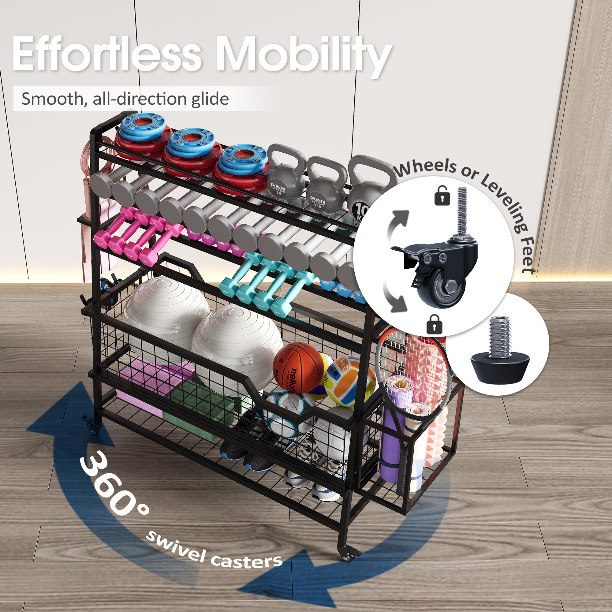Multifunctional storage rack with wheels and leveling feet on a wooden floor.