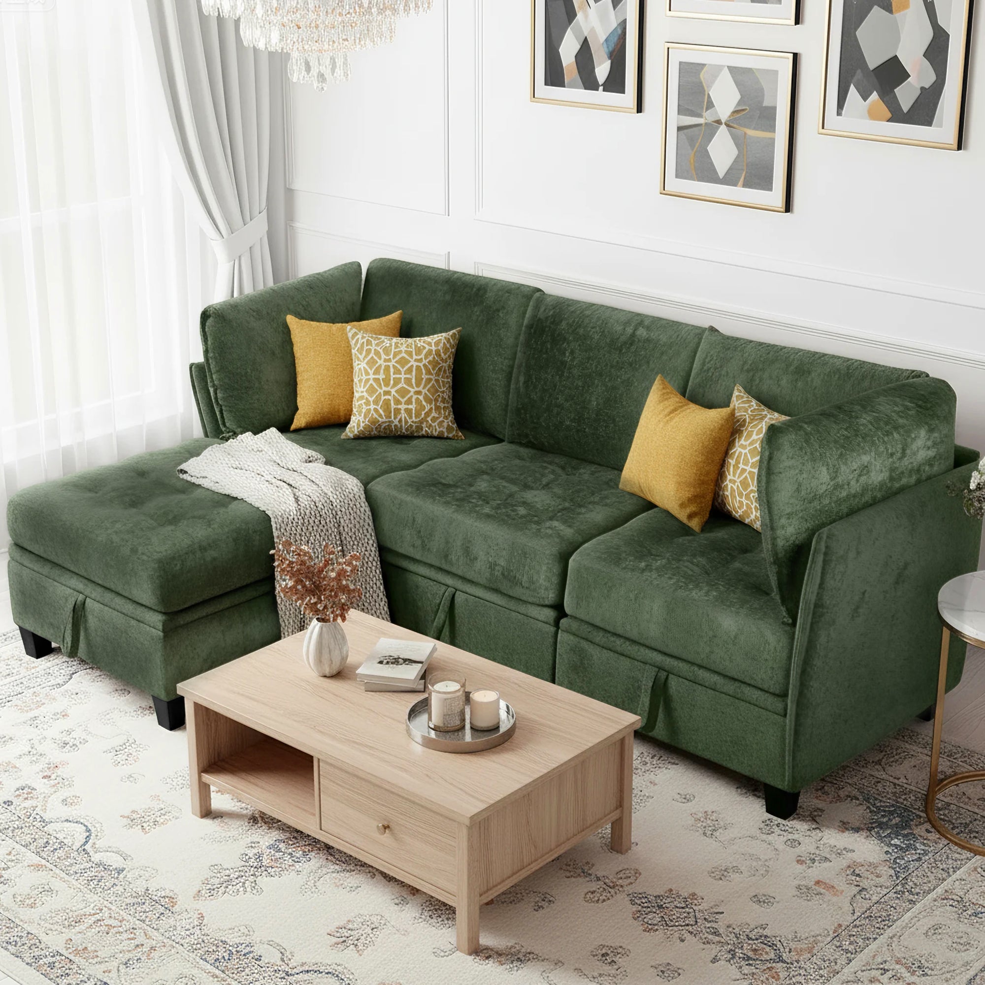 Green sectional sofa in a living room with a wooden coffee table and decorative pillows.