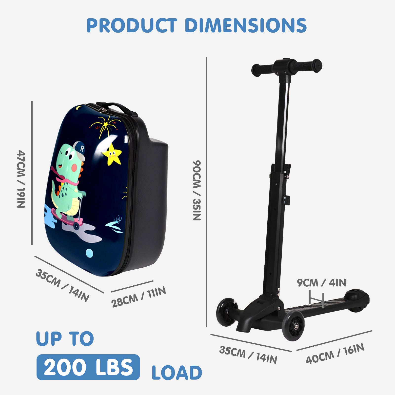 Product dimensions of a scooter and backpack with a dinosaur design, showing weight capacity.