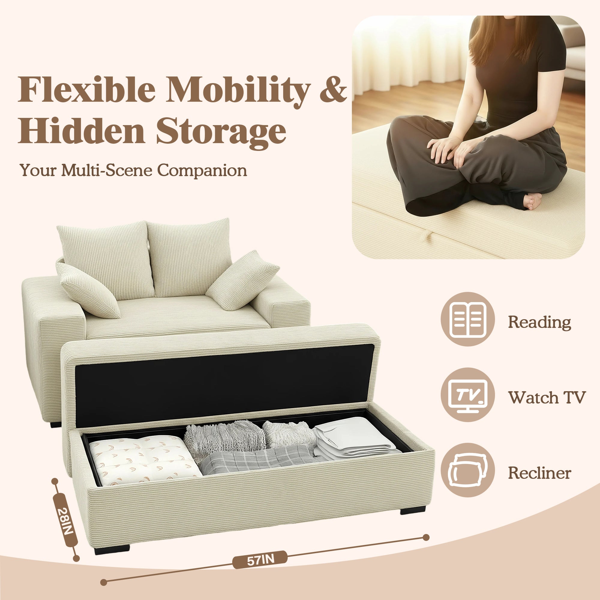 Advwin Chaise Lounge with Storage Ottoman Medium-Rib