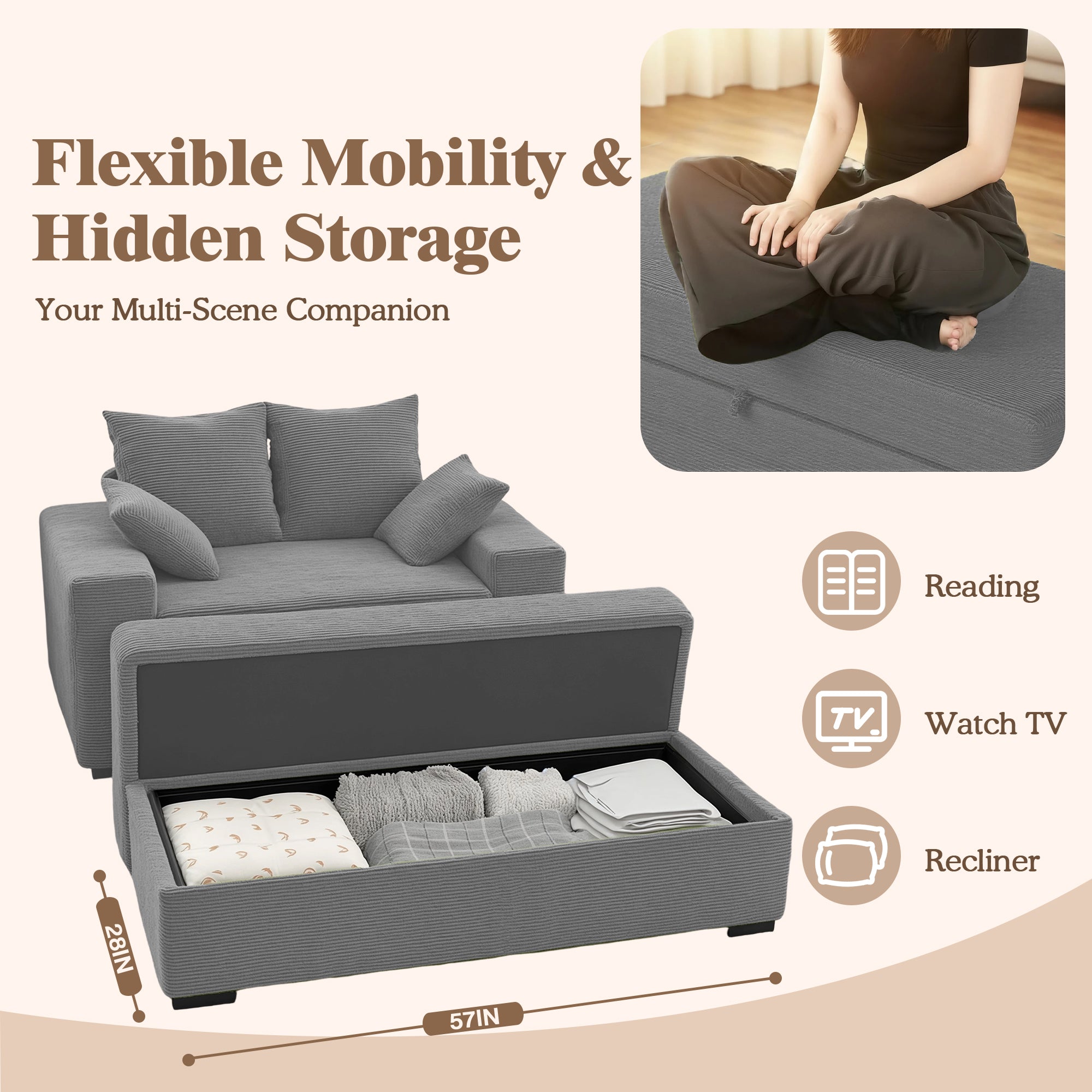 Advwin Chaise Lounge with Storage Ottoman Medium-Rib