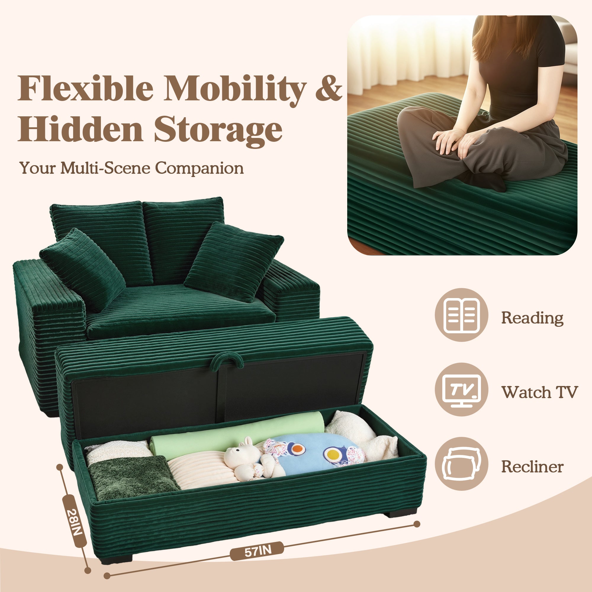 Advwin Chaise Lounge with Storage Ottoman Wide-Rib