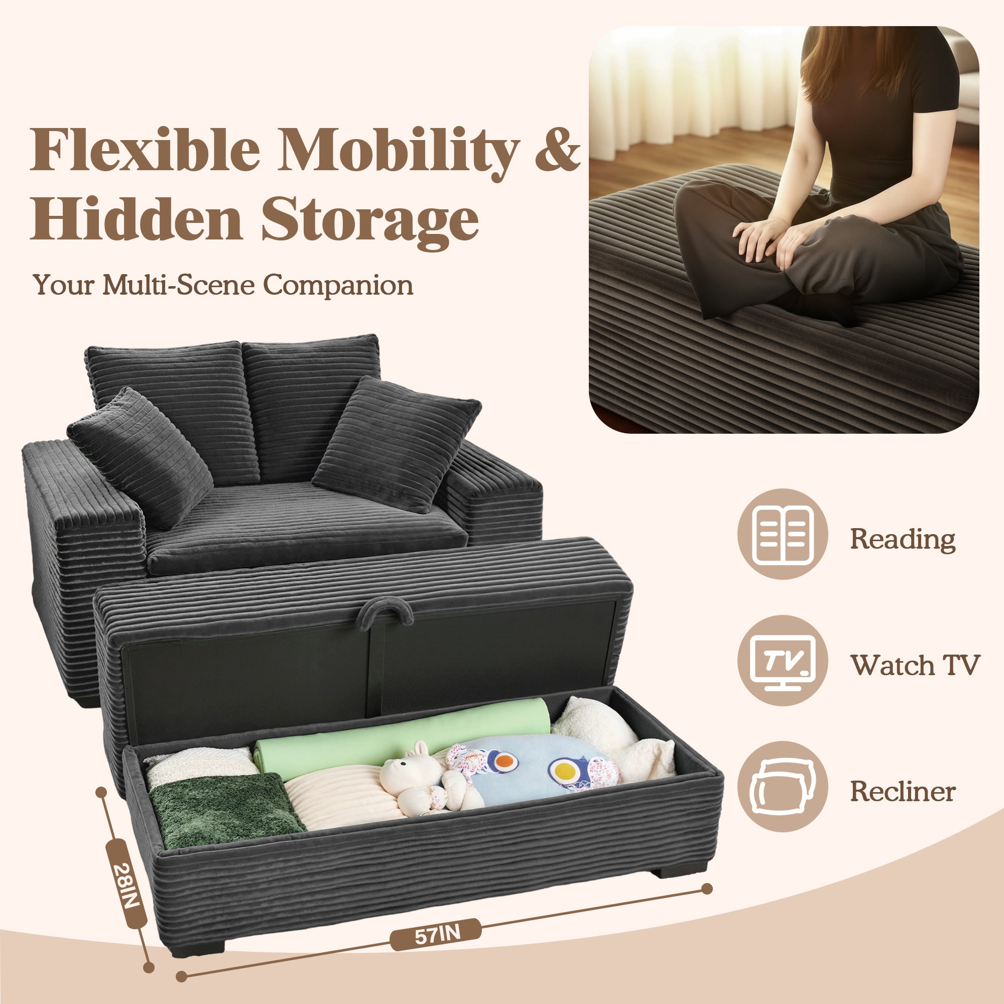 Advwin Chaise Lounge with Storage Ottoman Wide-Rib