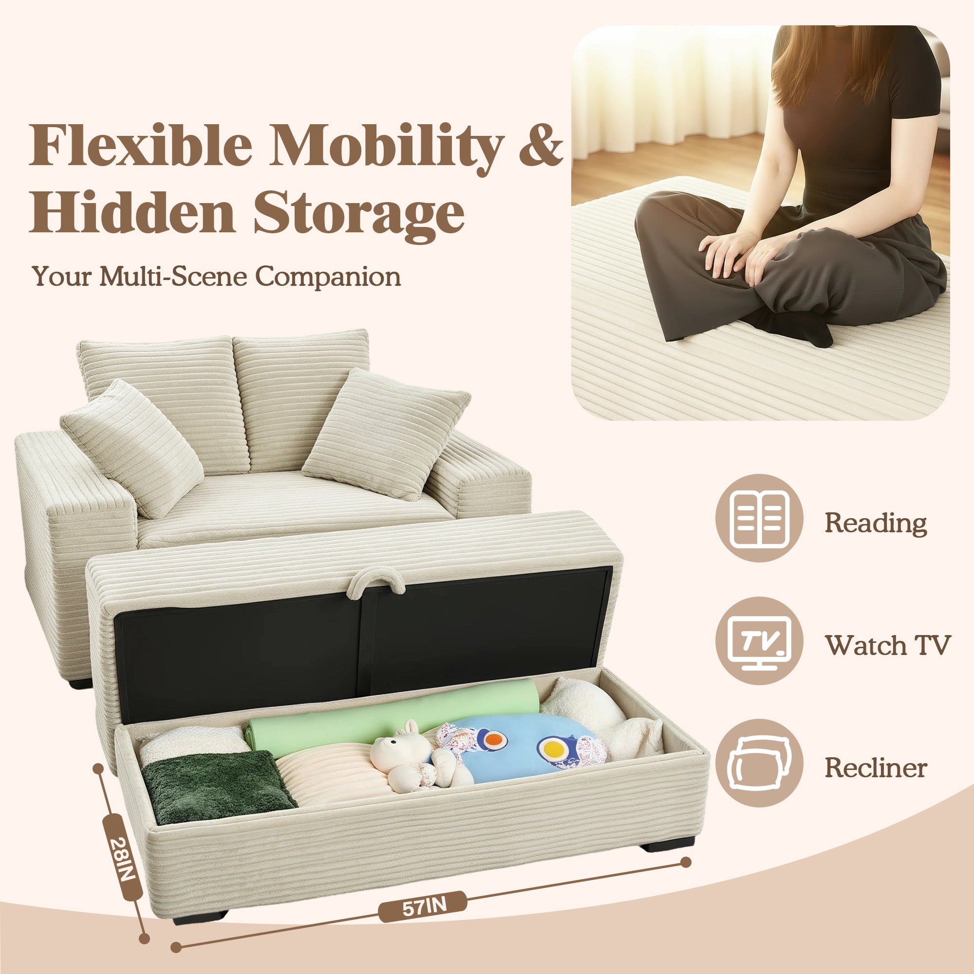 Advwin Chaise Lounge with Storage Ottoman Wide-Rib