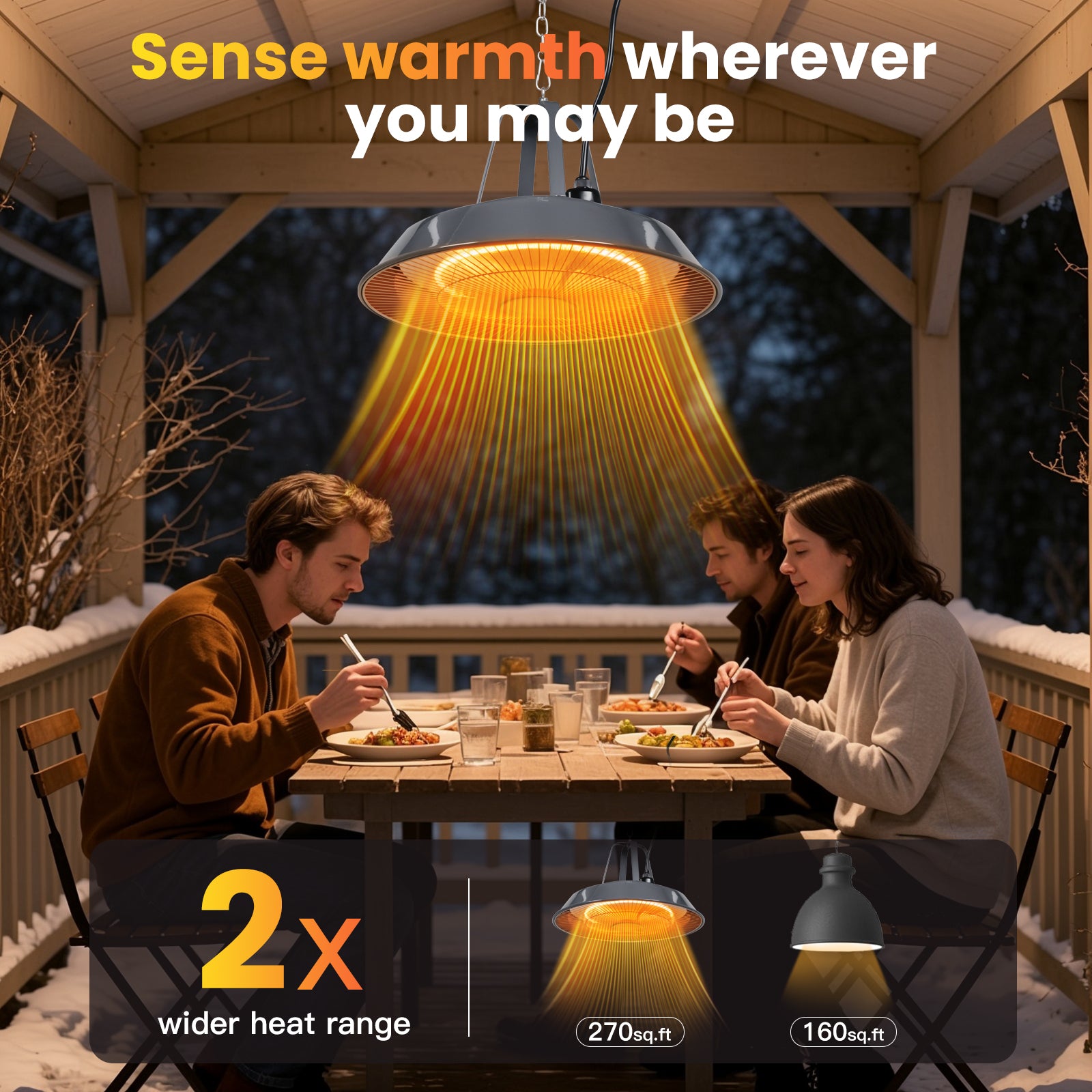 People dining under a heated lamp on a snowy deck with text about warmth range.
