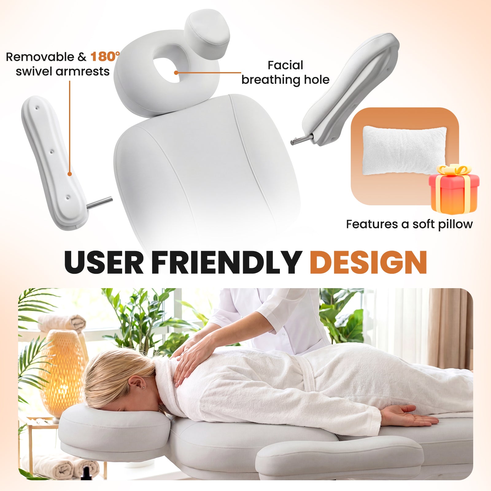 White massage table with swivel armrests and facial breathing hole, featuring a soft pillow and user-friendly design.