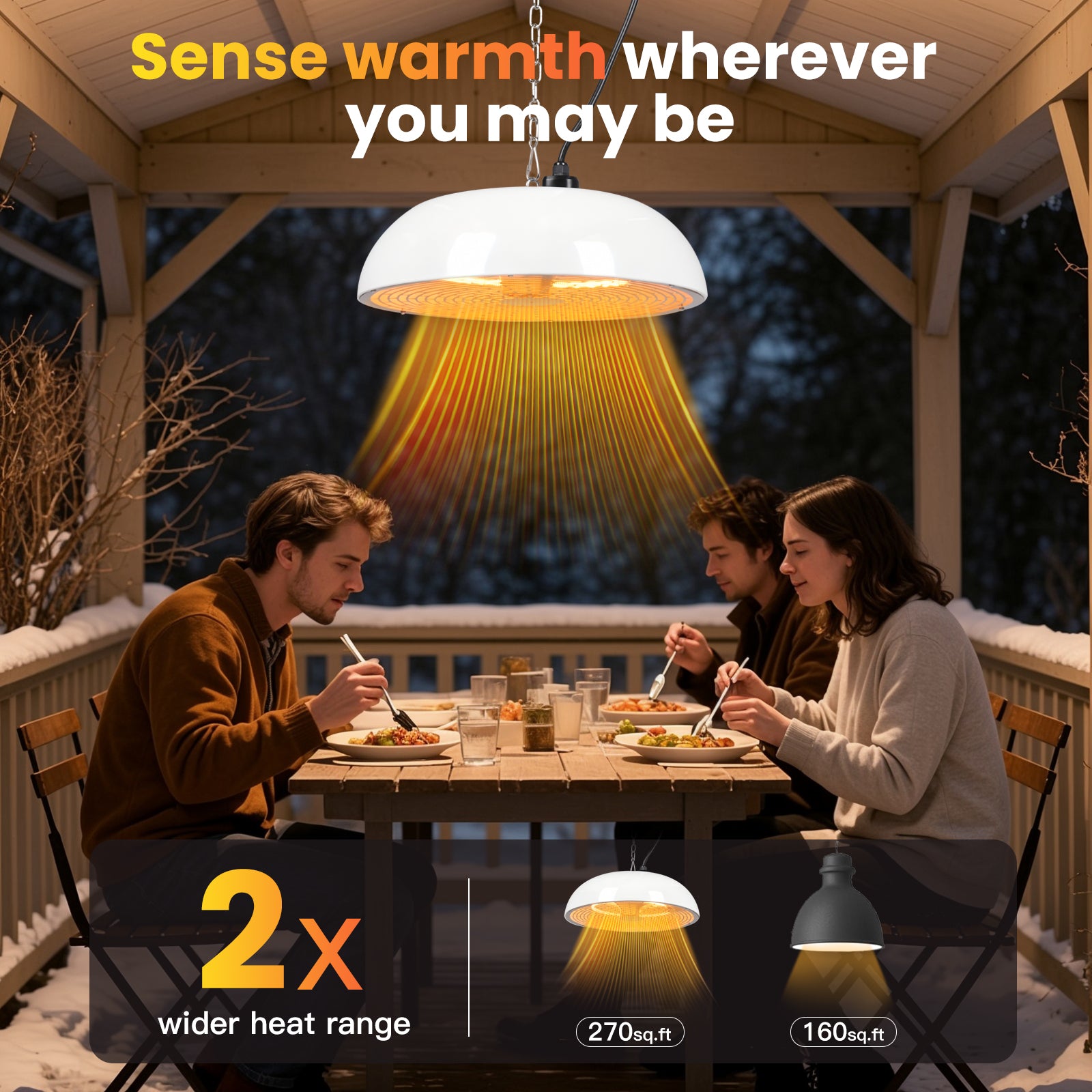 People dining outdoors under a heated lamp with text 'Sense warmth wherever you may be'.