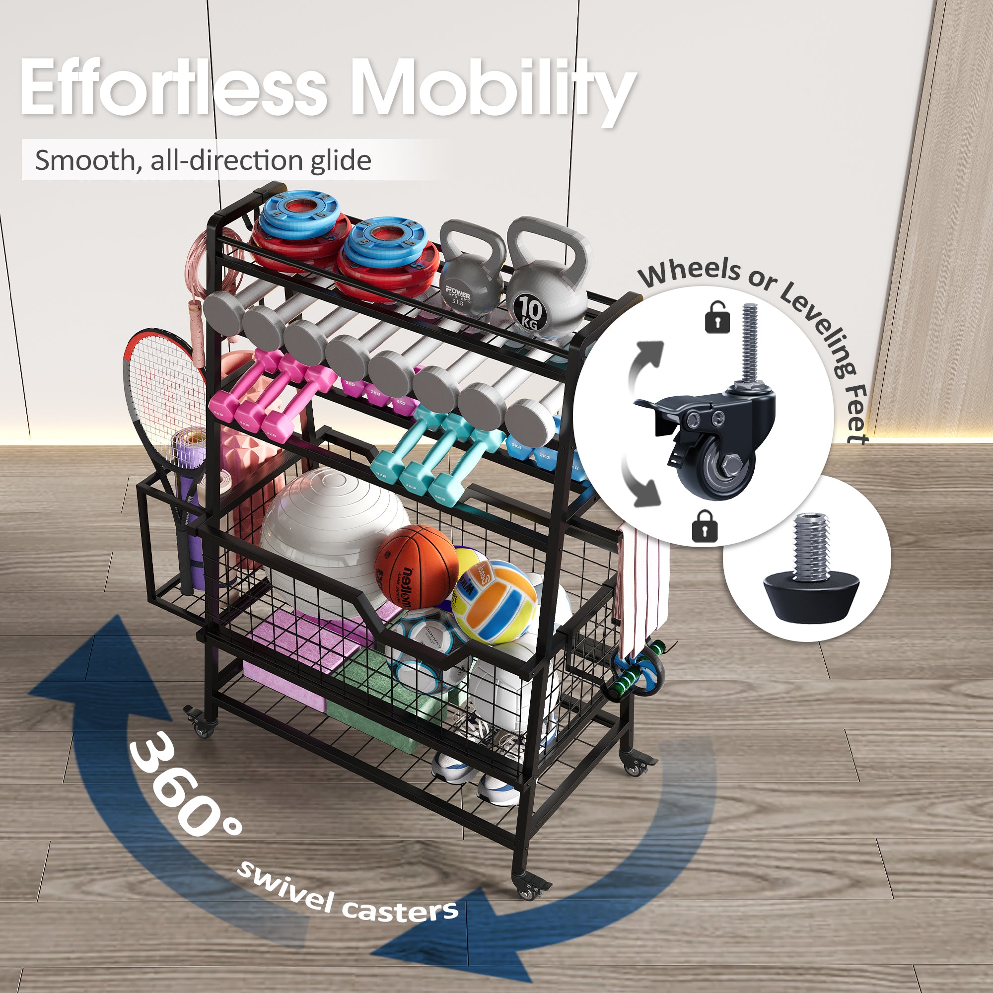 Multifunctional storage cart with various items on a wooden floor, emphasizing mobility features.