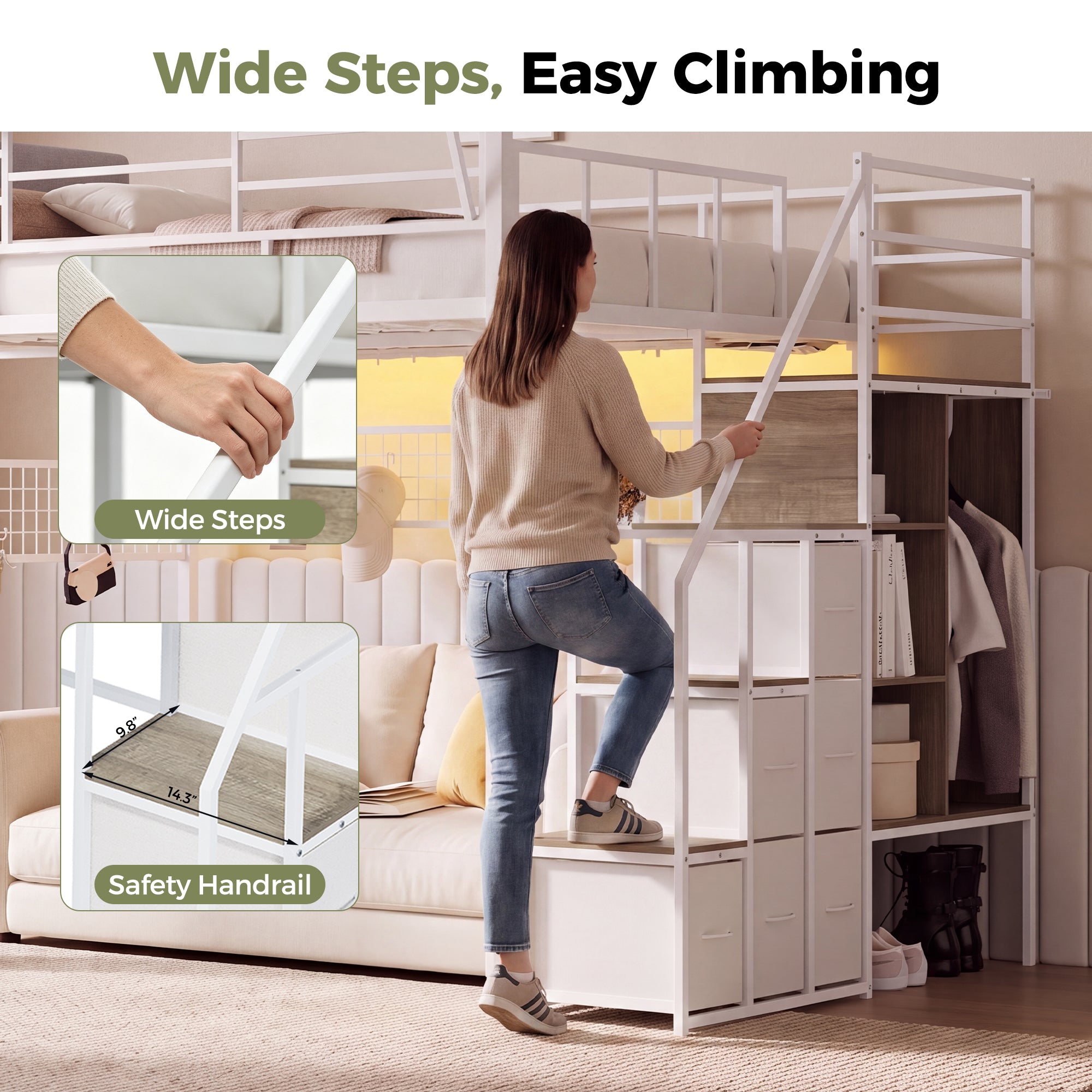 Advwin Loft Bed w/ Stairs, Storage and LED Light