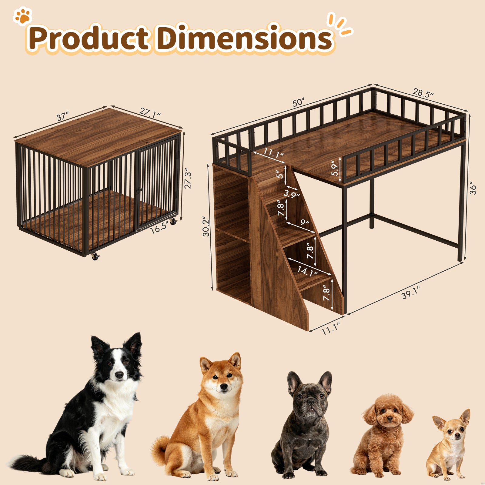 Advwin 37" Loft-Style Dog Crate with Storage Shelves