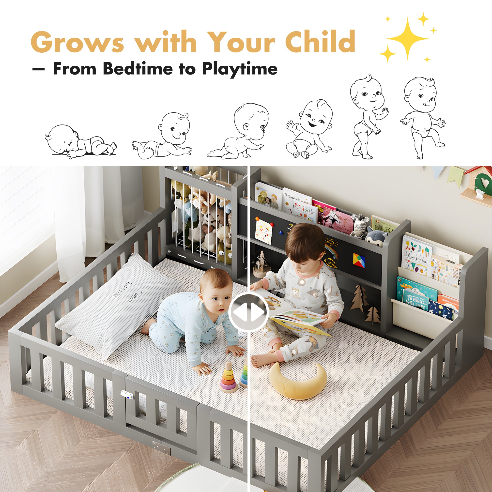 Advwin Toddler Floor Bed with Door & Safety Rails