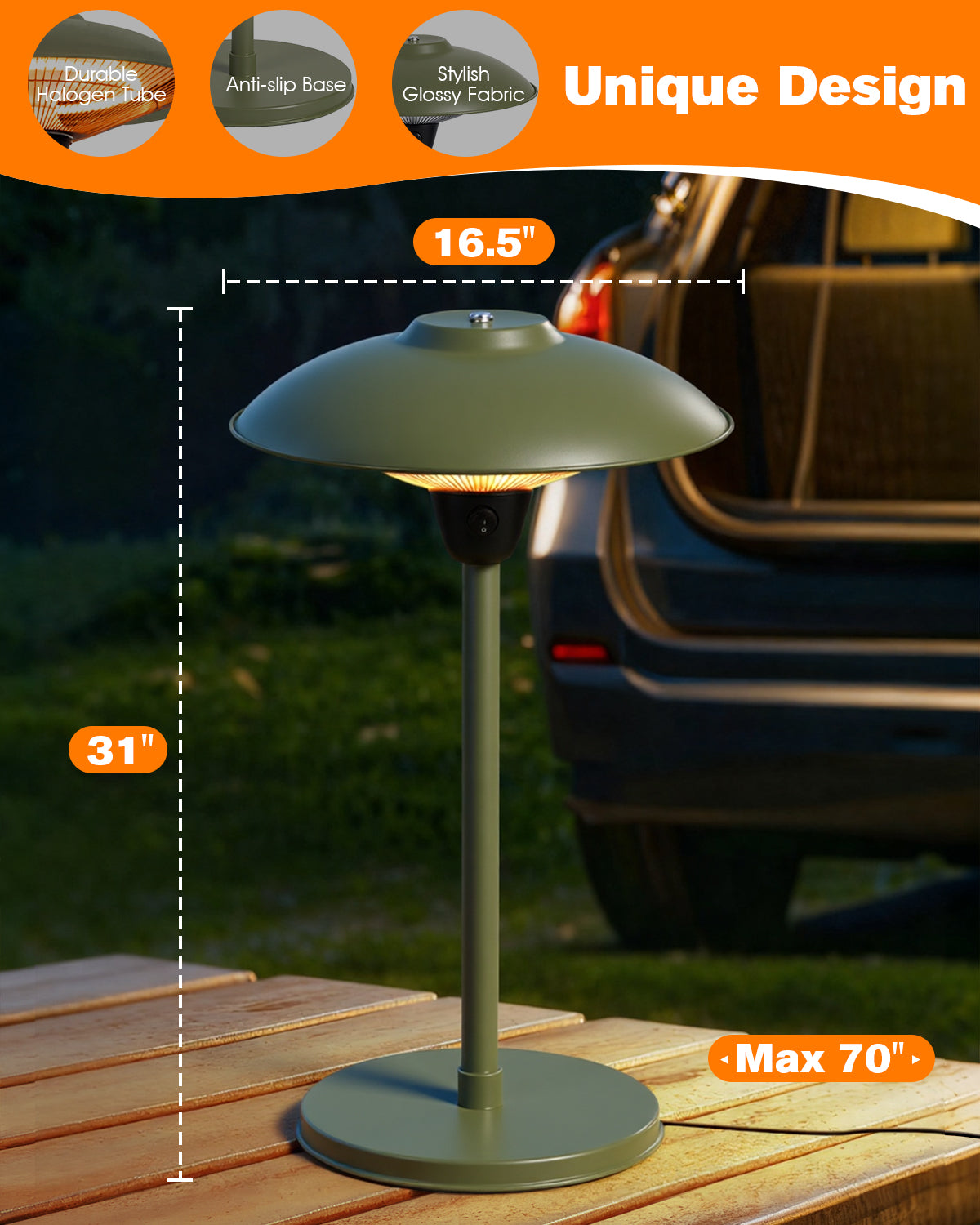Outdoor table lamp with dimensions and features on an orange background