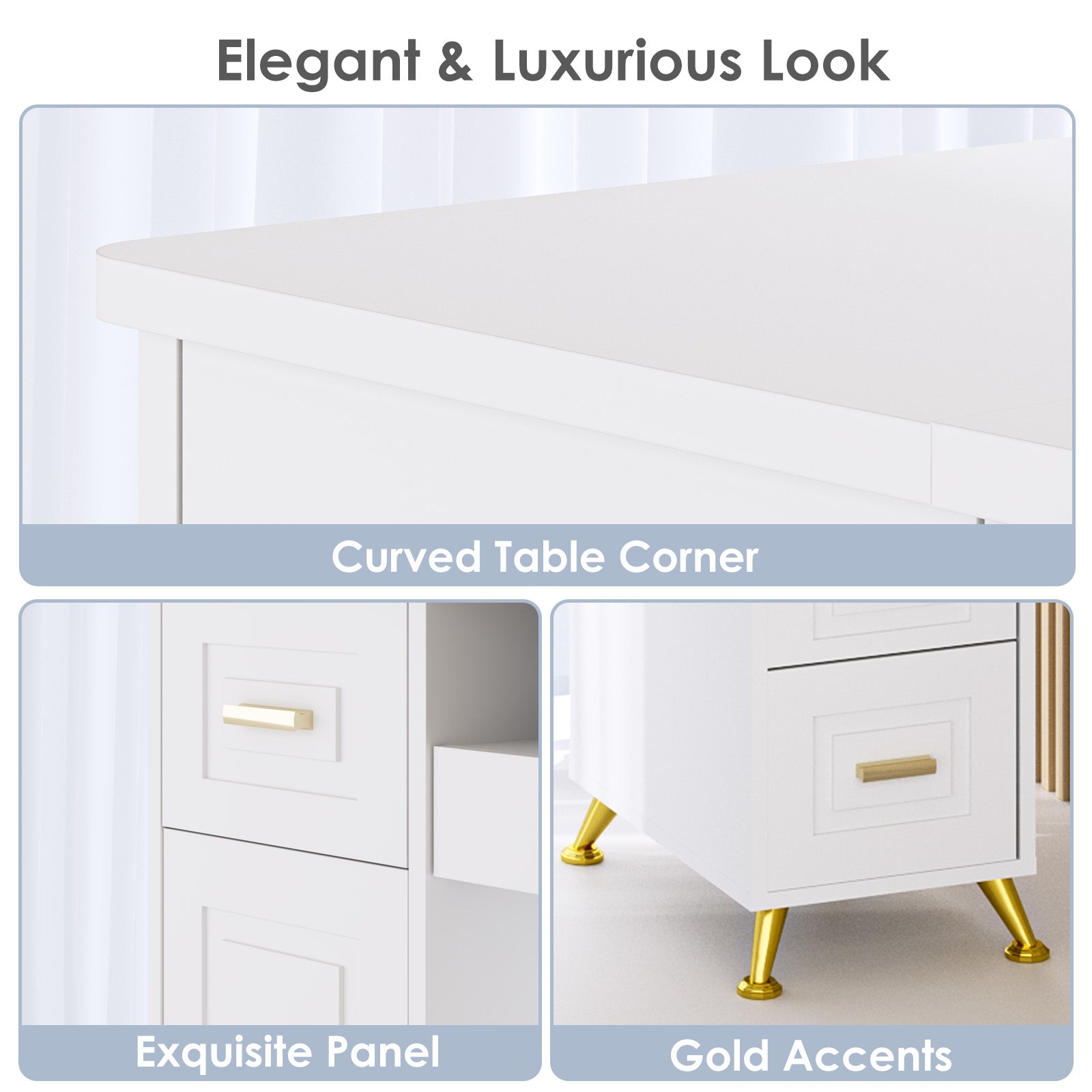 White furniture piece with gold accents, featuring a curved table corner, exquisite panel, and gold legs.